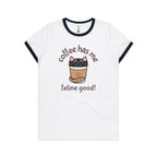Coffee Has Me Feline Good - Women's Ringer Tee White Navy Womens Ringer T-shirt animal Coffee Printed In Australia