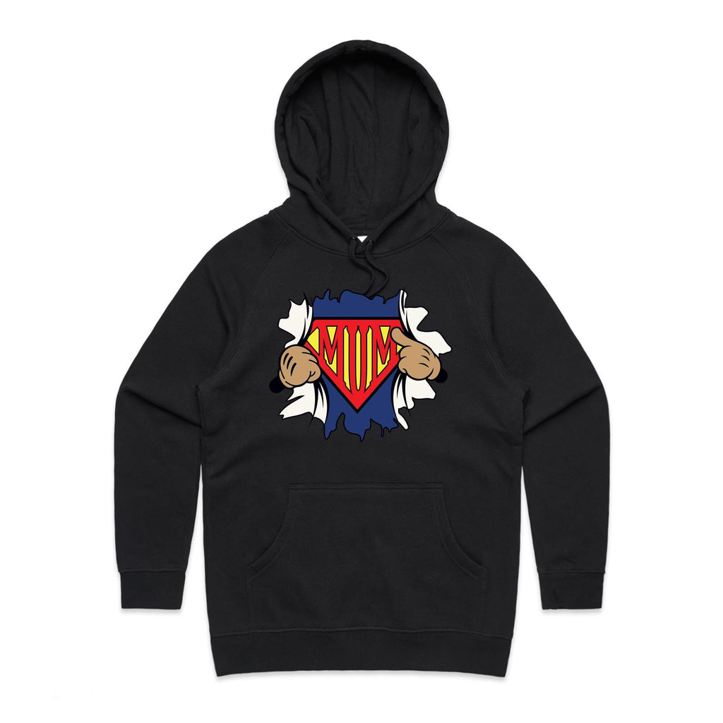 Super Mum - Womens Hoodie Black Womens Hoodie comic Mum Printed In Australia