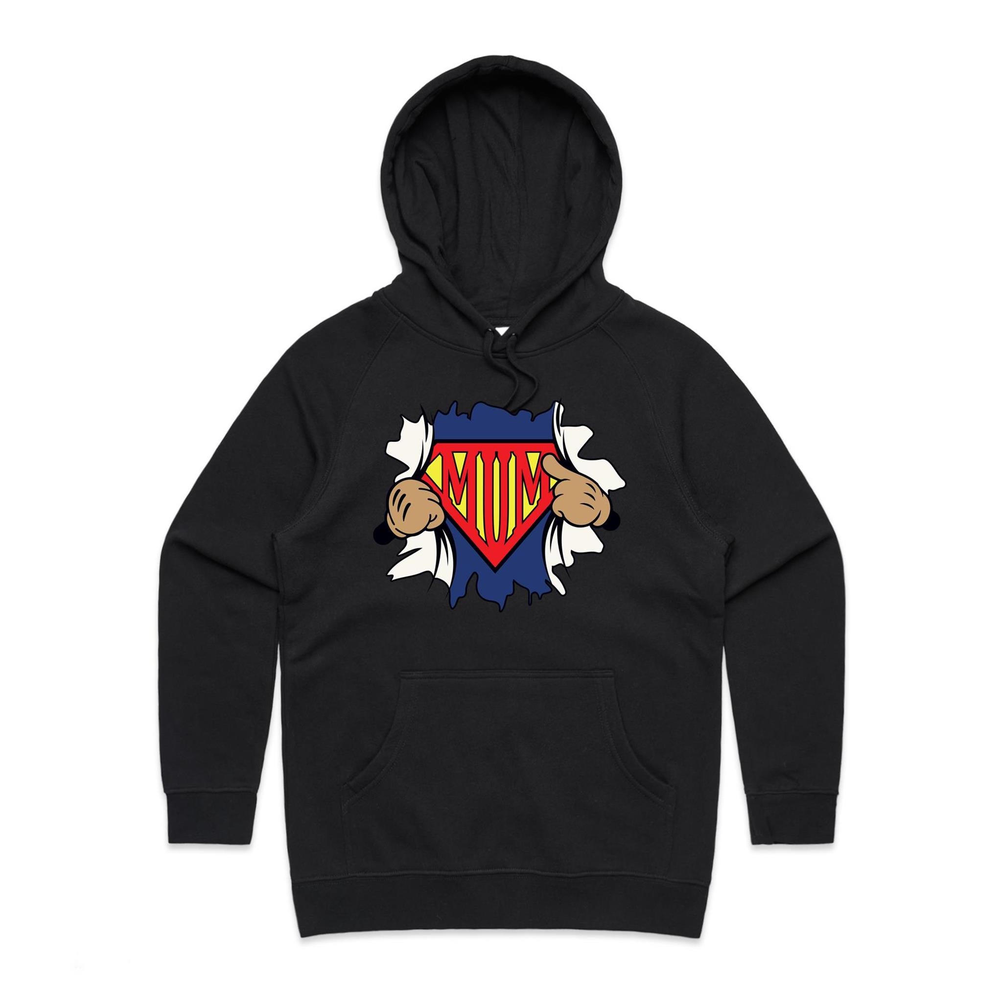 Super Mum - Womens Hoodie Black Womens Hoodie comic Mum Printed In Australia