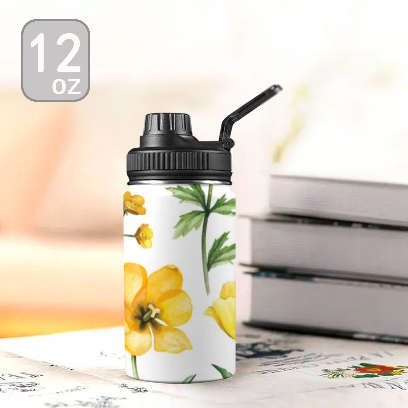 Yellow Flowers Kids Water Bottle with Chug Lid (12 oz) Kids Water Bottle with Chug Lid Plants Printed Offshore
