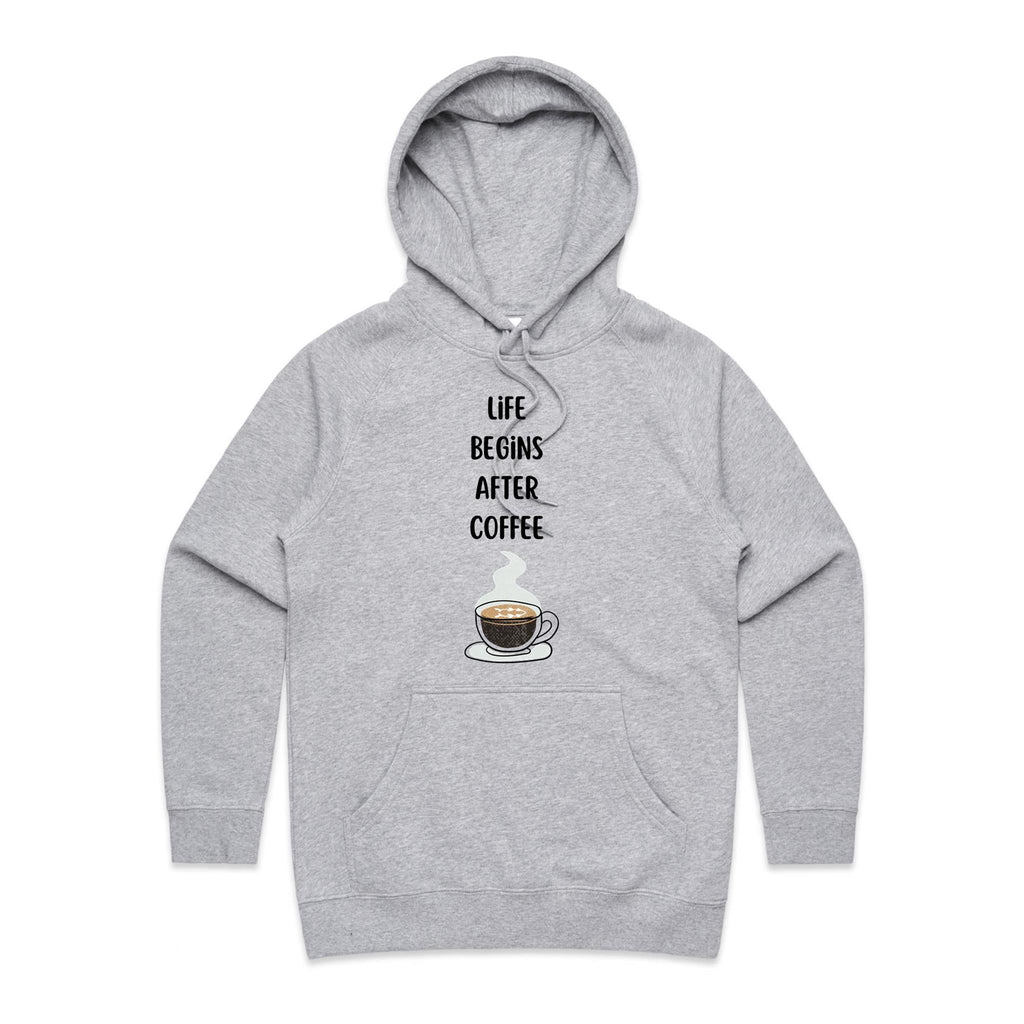 Life Begins After Coffee - Womens Hoodie Grey Marle Womens Hoodie Coffee Printed In Australia