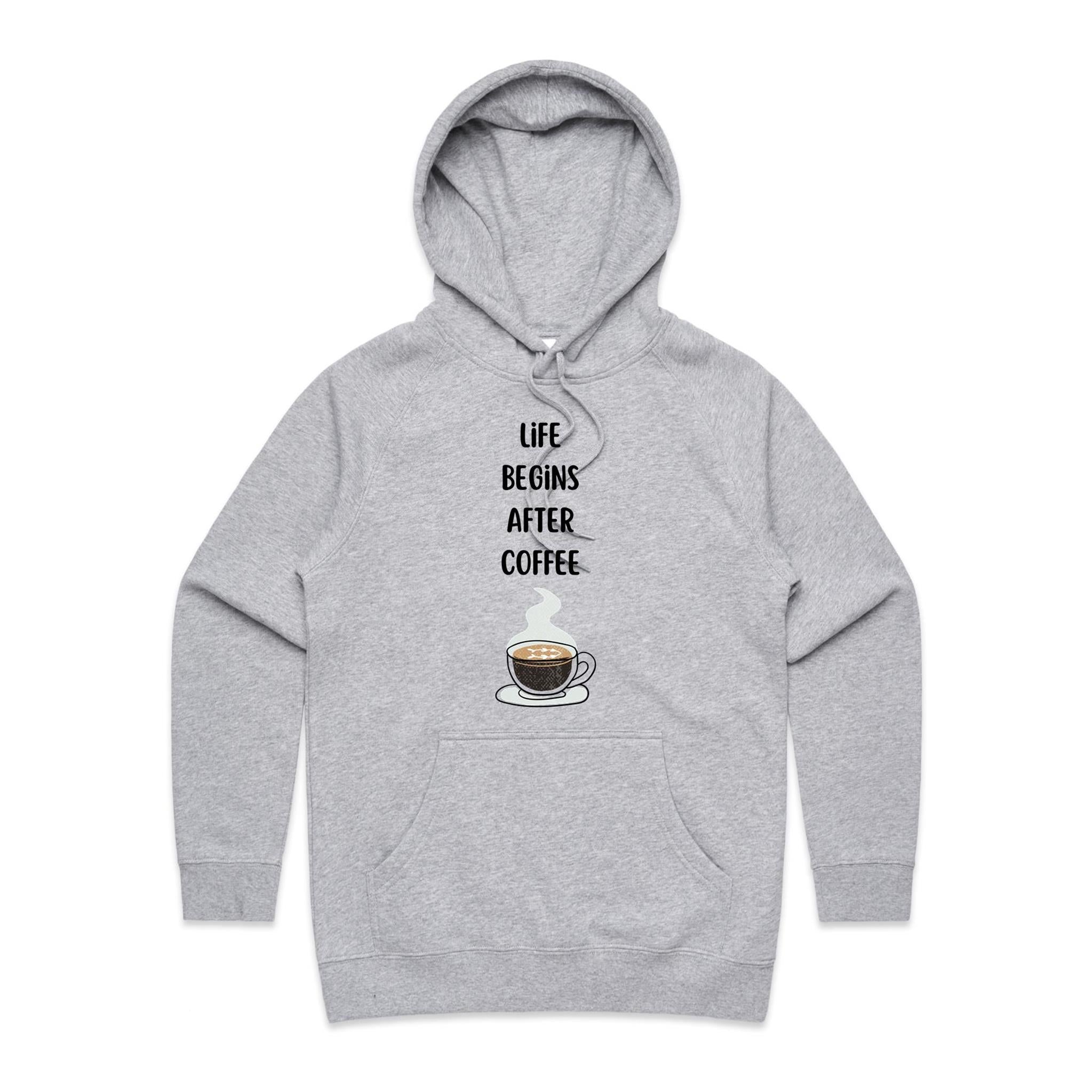 Life Begins After Coffee - Womens Hoodie Grey Marle Womens Hoodie Coffee Printed In Australia