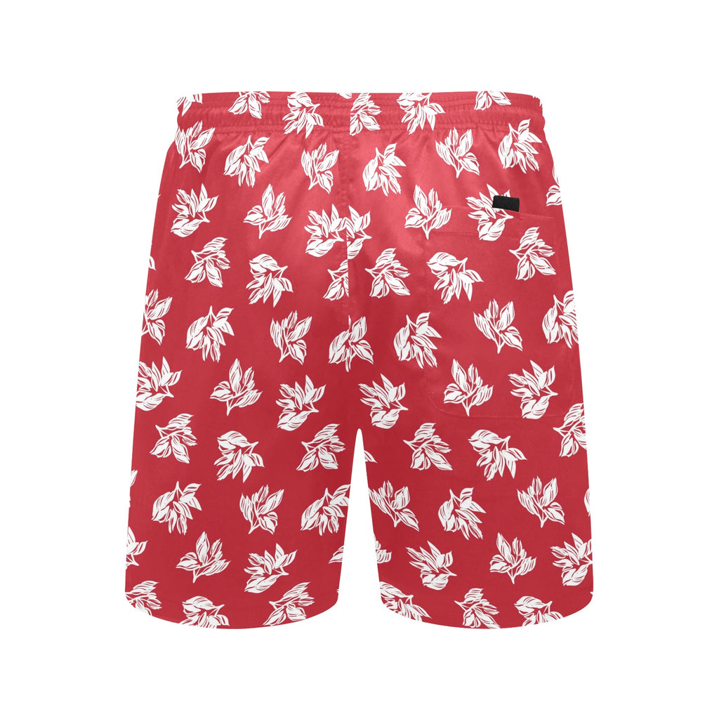 Red Retro Foliage Men's Mid-Length Beach Shorts Men's Mid-Length Beach Shorts Plants Printed Offshore
