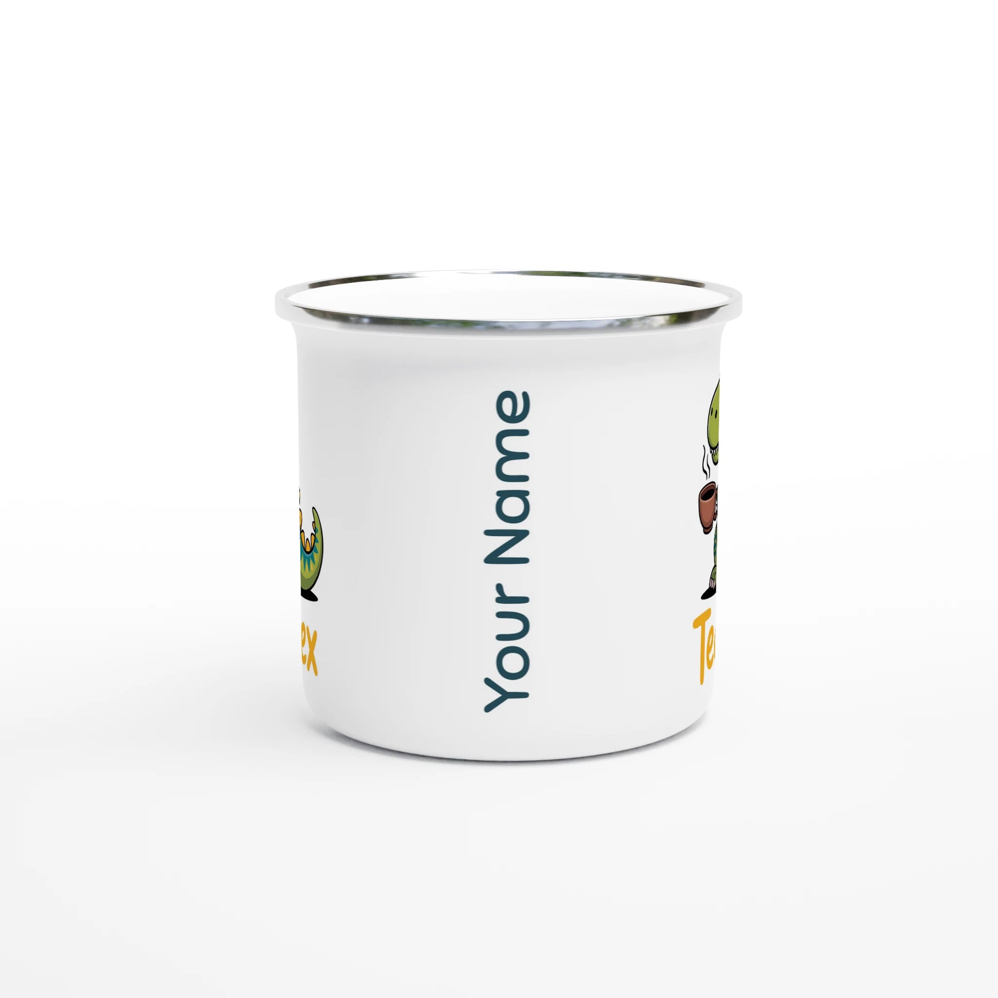 Personalised - Tea-Rex, Tea Drinking Dinosaur - White 12oz Enamel Mug Personalised Enamel Mug Globally Fulfilled Tea