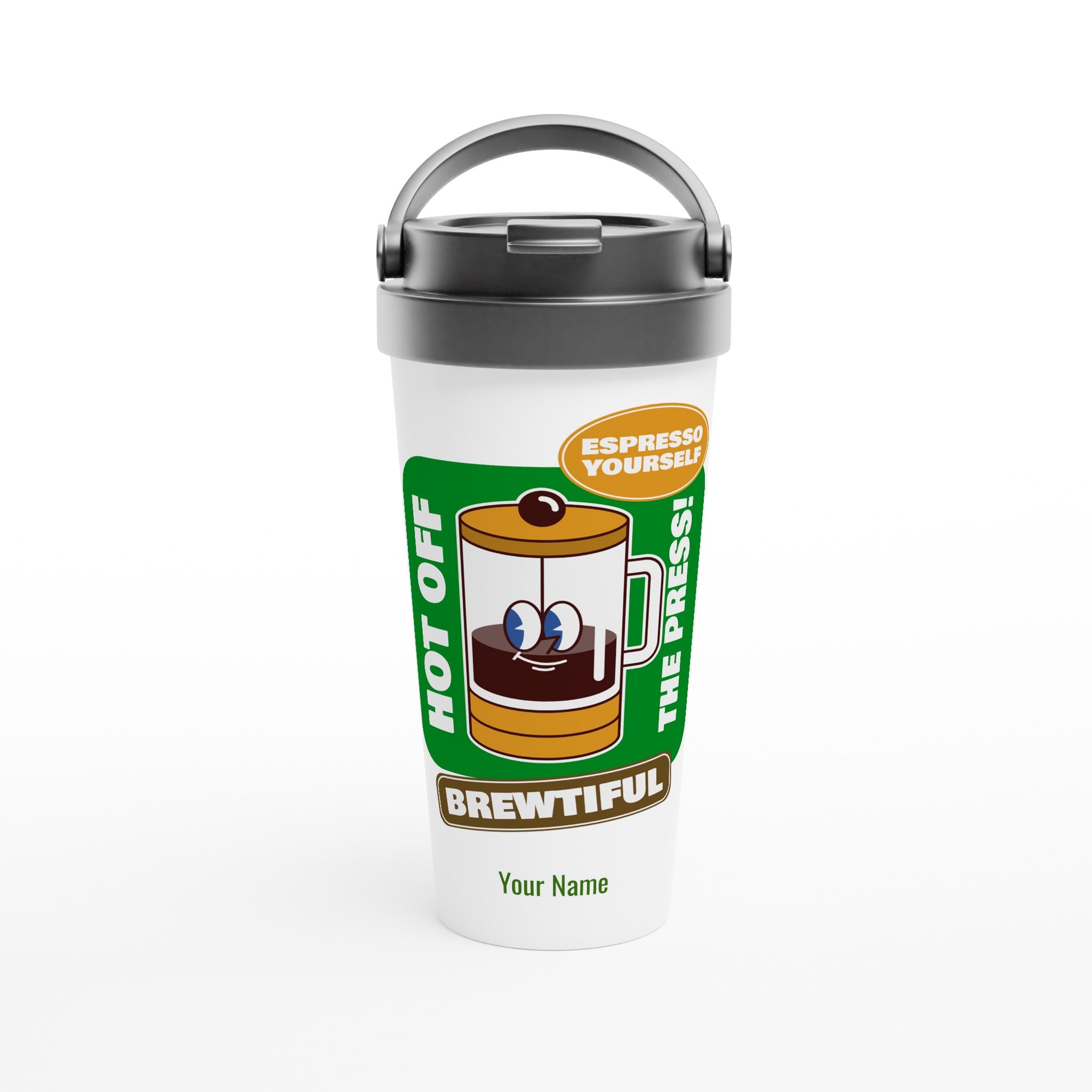 Personalised - Brewtiful, Espresso Yourself - White 15oz Stainless Steel Travel Mug Default Title Personalised Travel Mug coffee customise Globally Fulfilled personalise retro