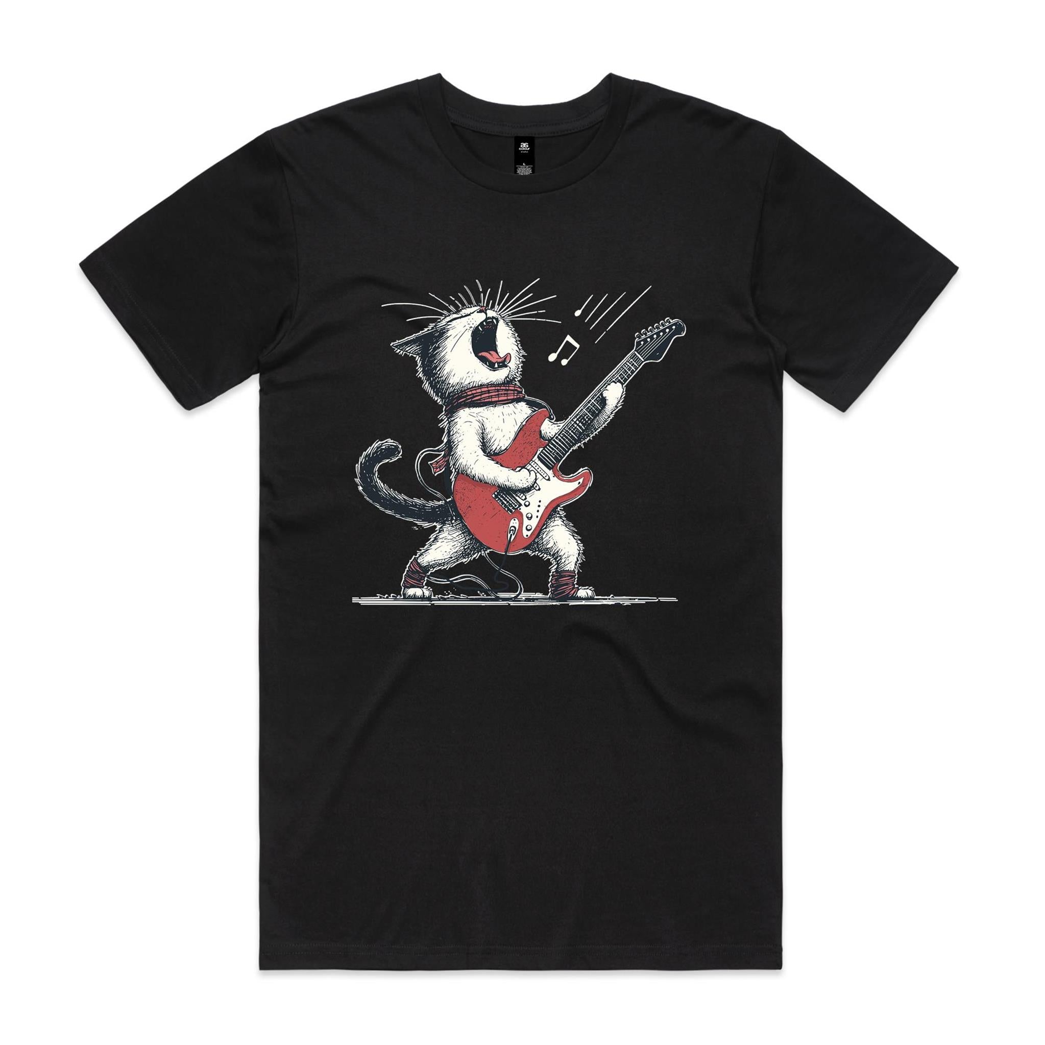 Cat Playing Guitar Men's AS Colour T-shirt Black Mens T-shirt animal Music Printed In Australia