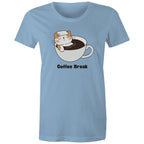 Cat Coffee Break - Womens T-shirt Carolina Blue Womens T-shirt animal Coffee Printed In Australia