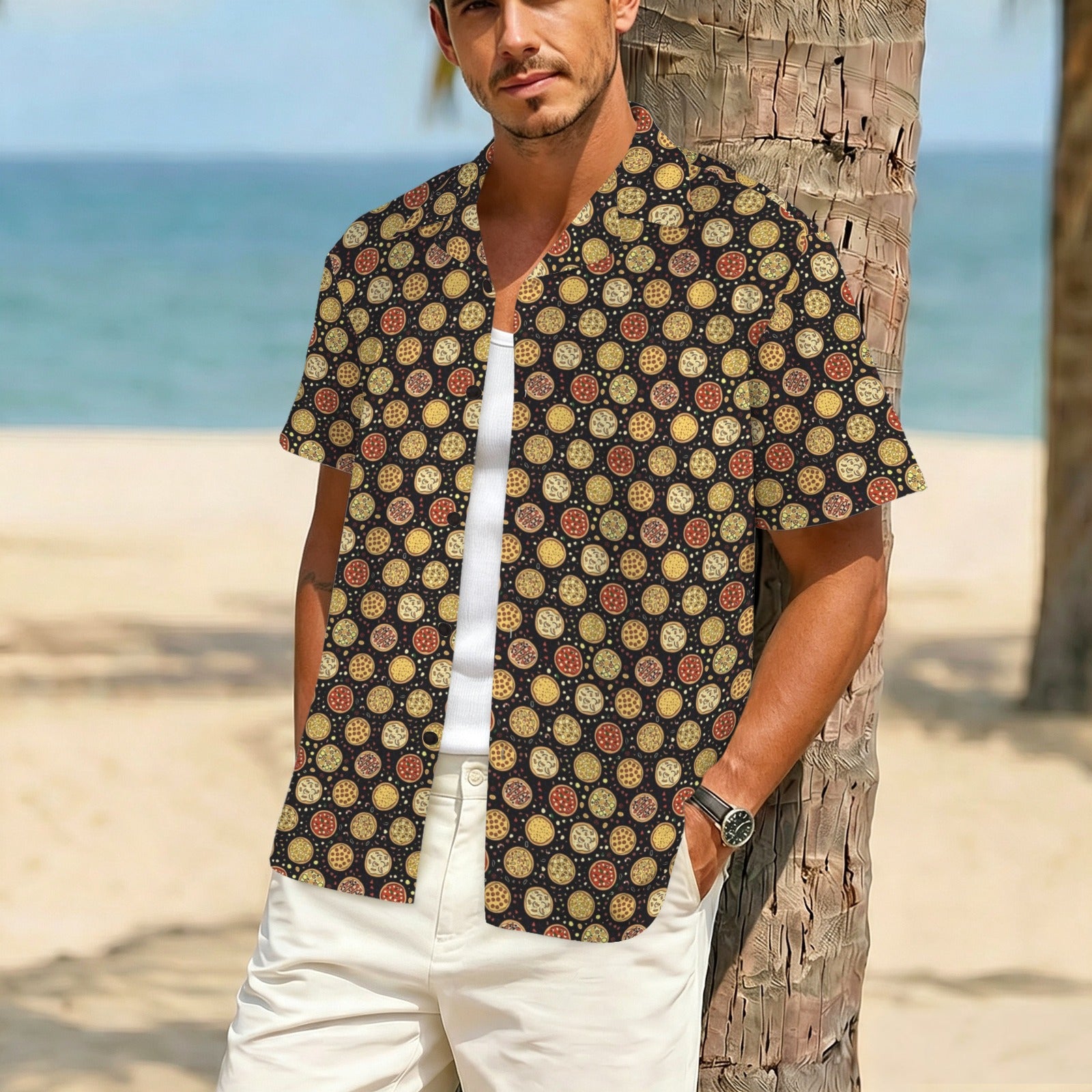 Round Pizzas On Black Men's Crinkle Hawaiian Shirt
