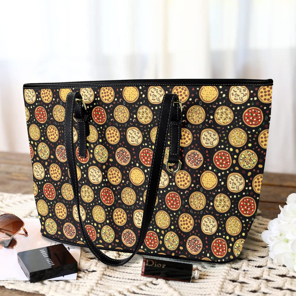 Round Pizzas On Black PU Leather Tote Bag Large Leather Tote Bag-Large Food Printed Offshore