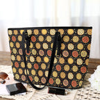 Round Pizzas On Black PU Leather Tote Bag Large Leather Tote Bag-Large Food Printed Offshore
