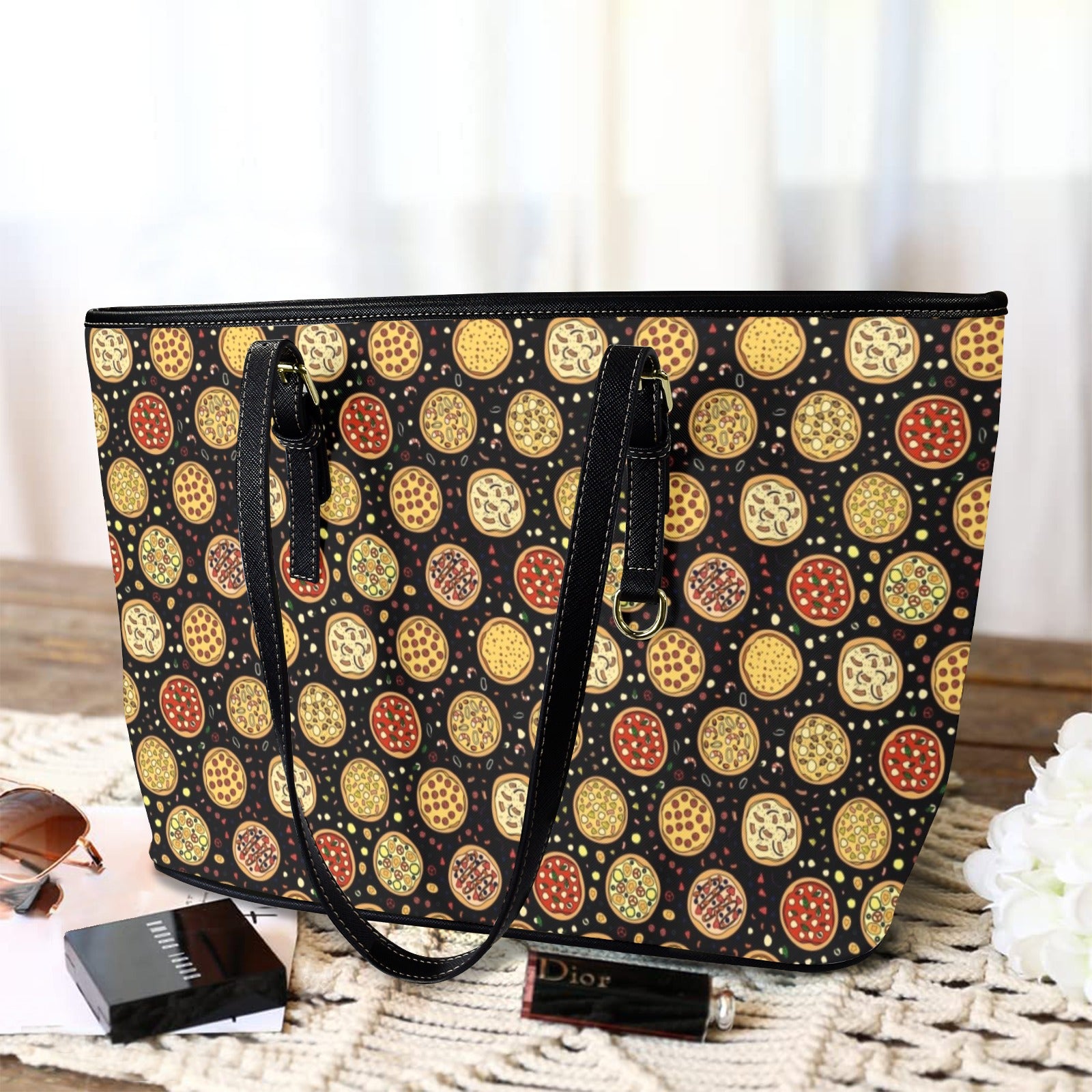 Round Pizzas On Black - PU Leather Tote Bag - Large