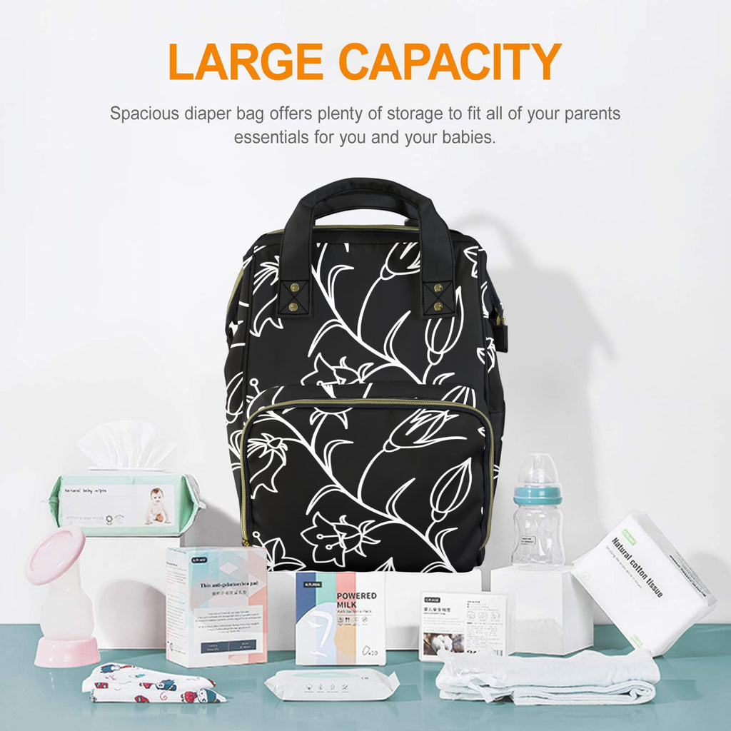 Black And White Floral - Multi-Function Backpack, Nappy / Diaper Bag
