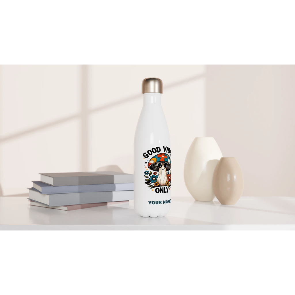 Personalised - Good Vibes Only, Hippie Mushroom With Sunglasses - White 17oz Stainless Steel Water Bottle Personalised Water Bottle Globally Fulfilled Positivity