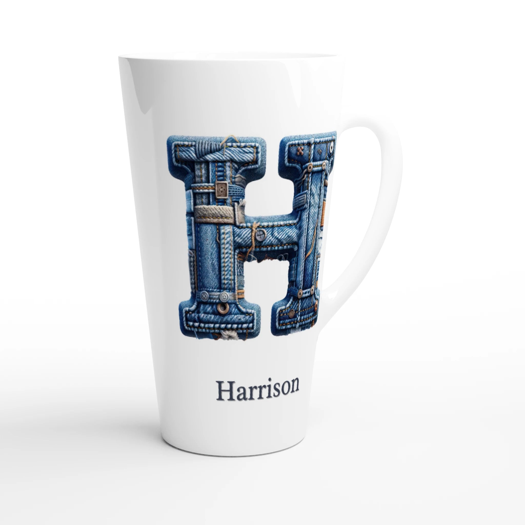 Blue Denim Initial - White Latte 17oz Ceramic Mug Personalised Latte Mug customise Globally Fulfilled Initial Name personalise