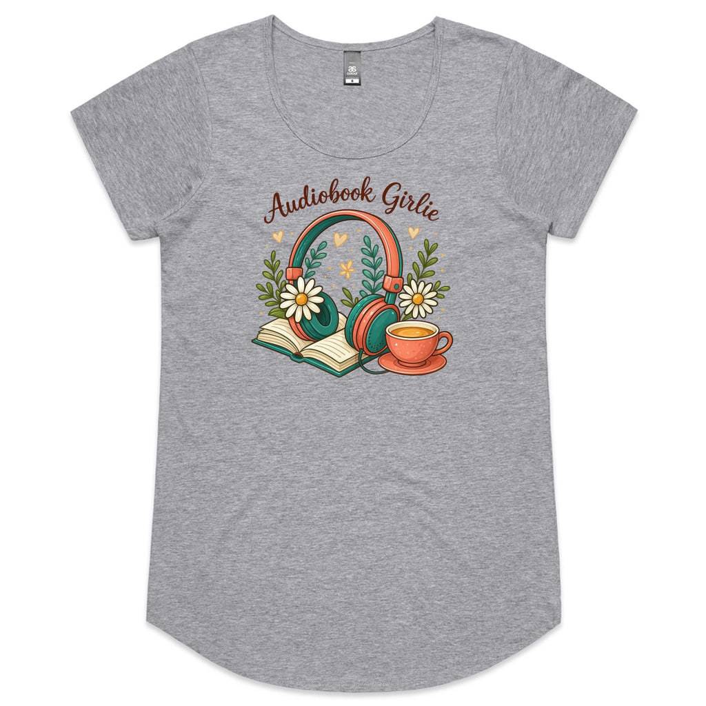 Audiobook Girlie - Womens Scoop Neck T-Shirt Grey Marle Womens Scoop Neck T-shirt Printed In Australia Reading