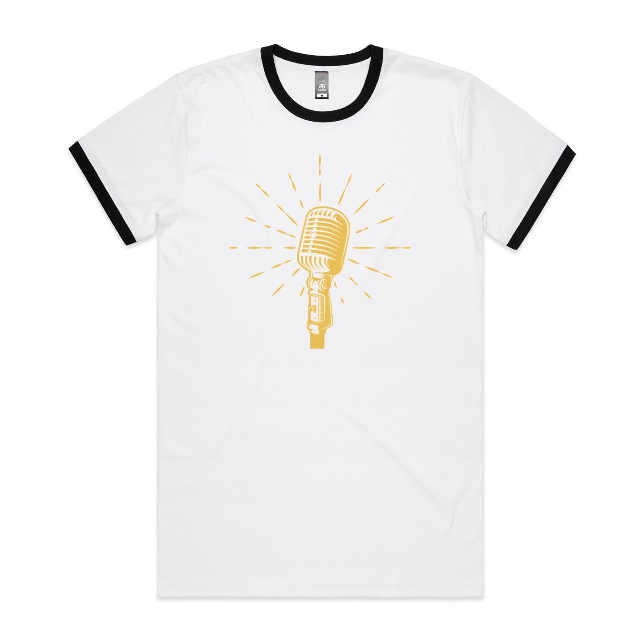 Retro Microphone - Staple Ringer Tee White Black Ringer T-Shirt Music Printed In Australia Retro