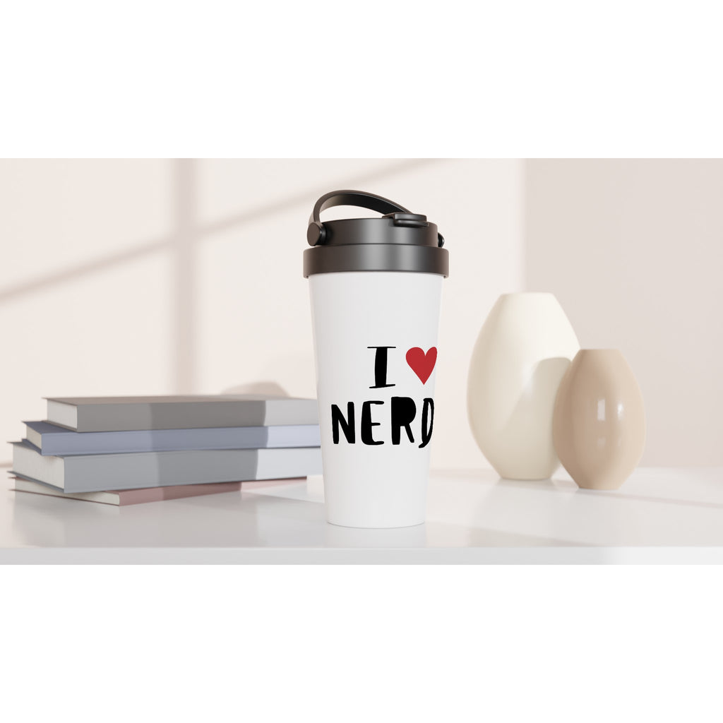 I Love Nerds, Red Heart - White 15oz Stainless Steel Travel Mug Travel Mug Funny Globally Fulfilled