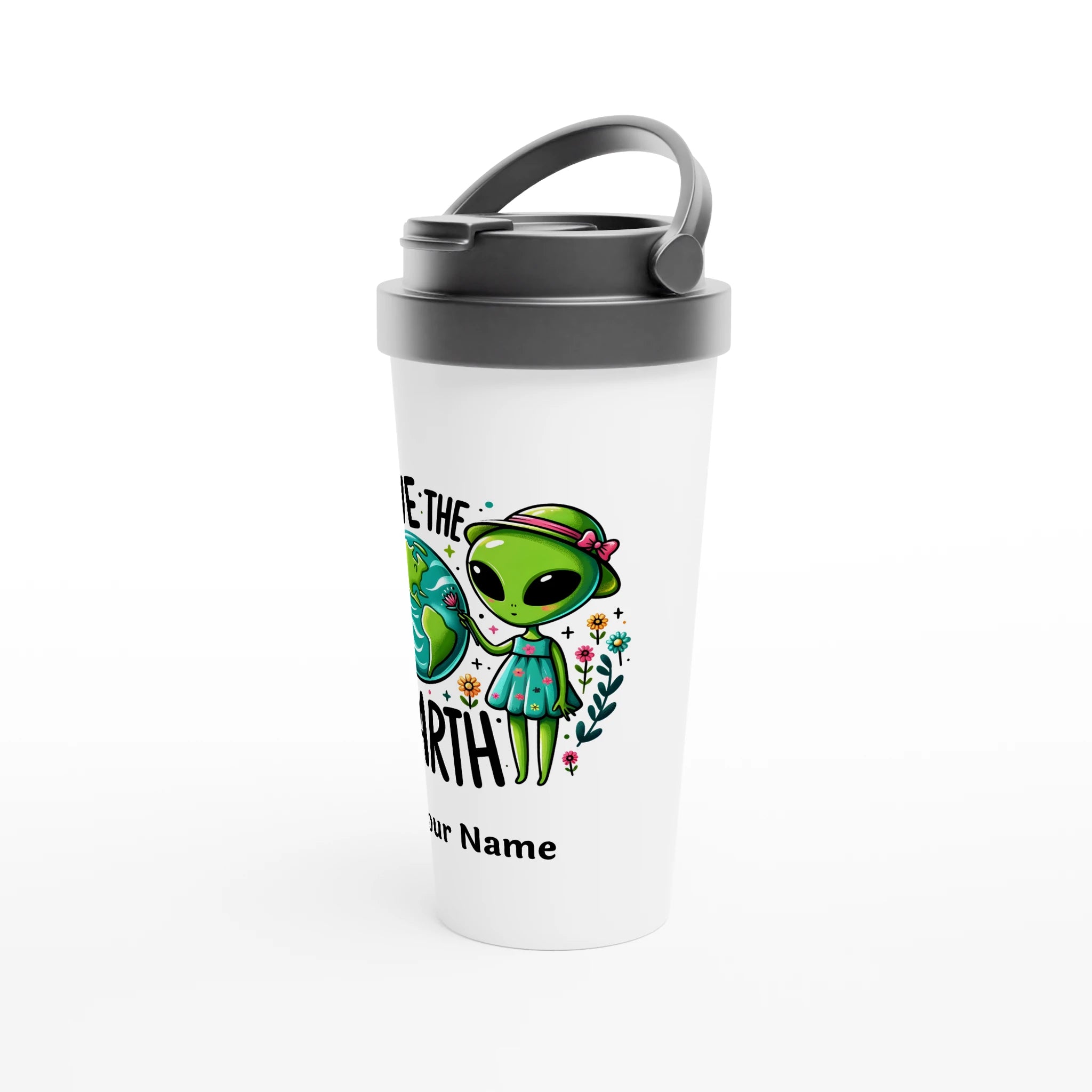 Personalised - Save The Earth, Alien - White 15oz Stainless Steel Travel Mug Personalised Travel Mug customise Environment Globally Fulfilled personalise Sci Fi