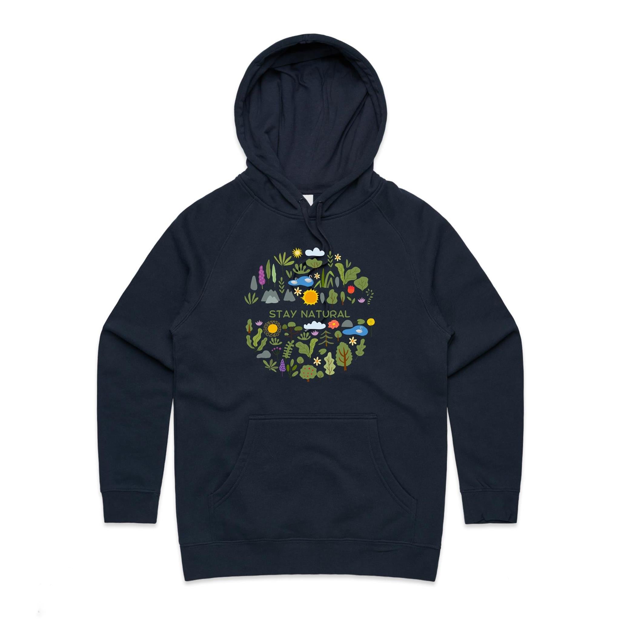Stay Natural - Womens Hoodie Navy Womens Hoodie Plants Printed In Australia