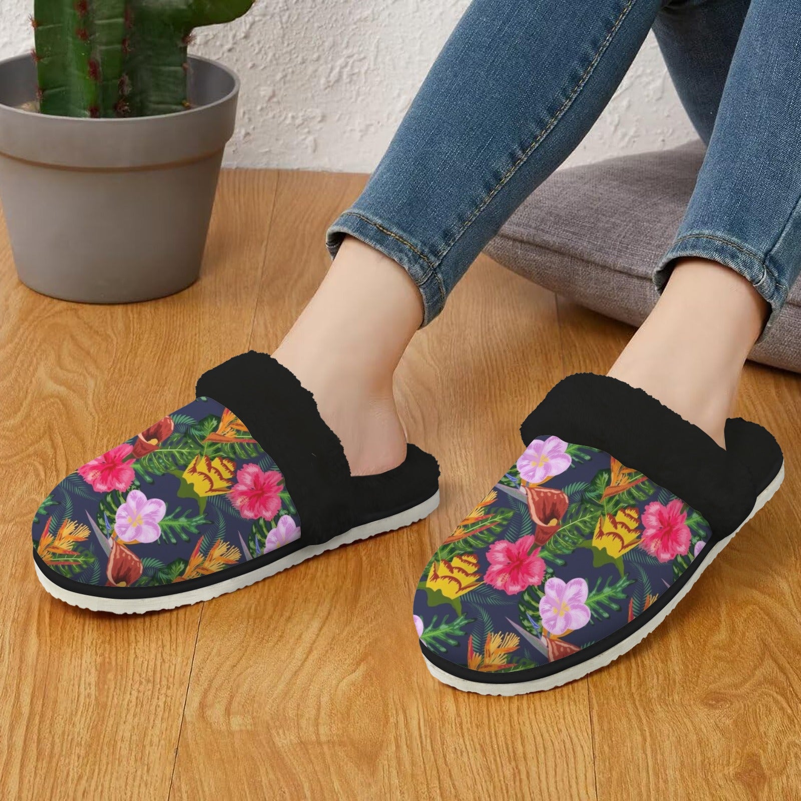 Tropical Floral Women's Fur Trim Thick-Sole Indoor Slippers Women's Fur Trimmed Slippers Plants Printed Offshore