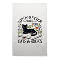 Life Is Better With Cats And Books AS Colour Tea Towel White One Size Tea Towel animal Printed In Australia Reading
