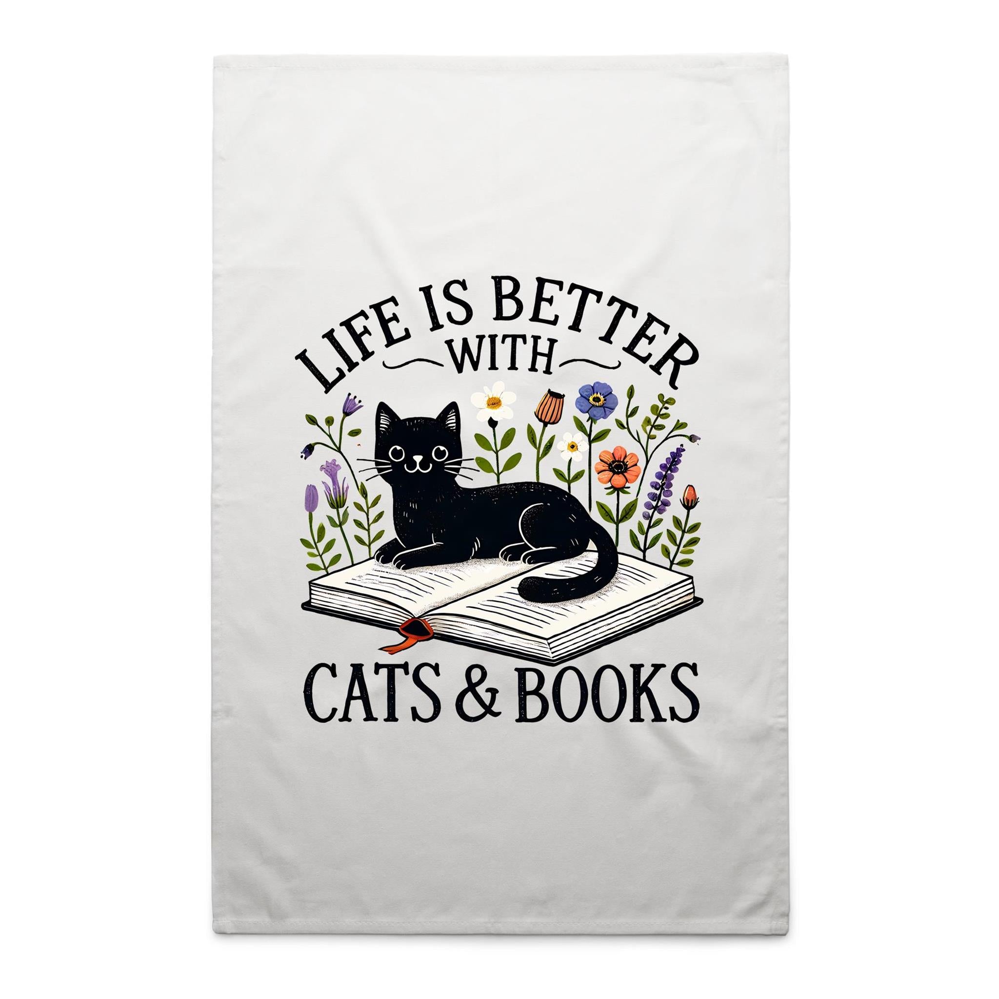 Life Is Better With Cats And Books - AS Colour Tea Towel White One Size Tea Towel animal Printed In Australia Reading
