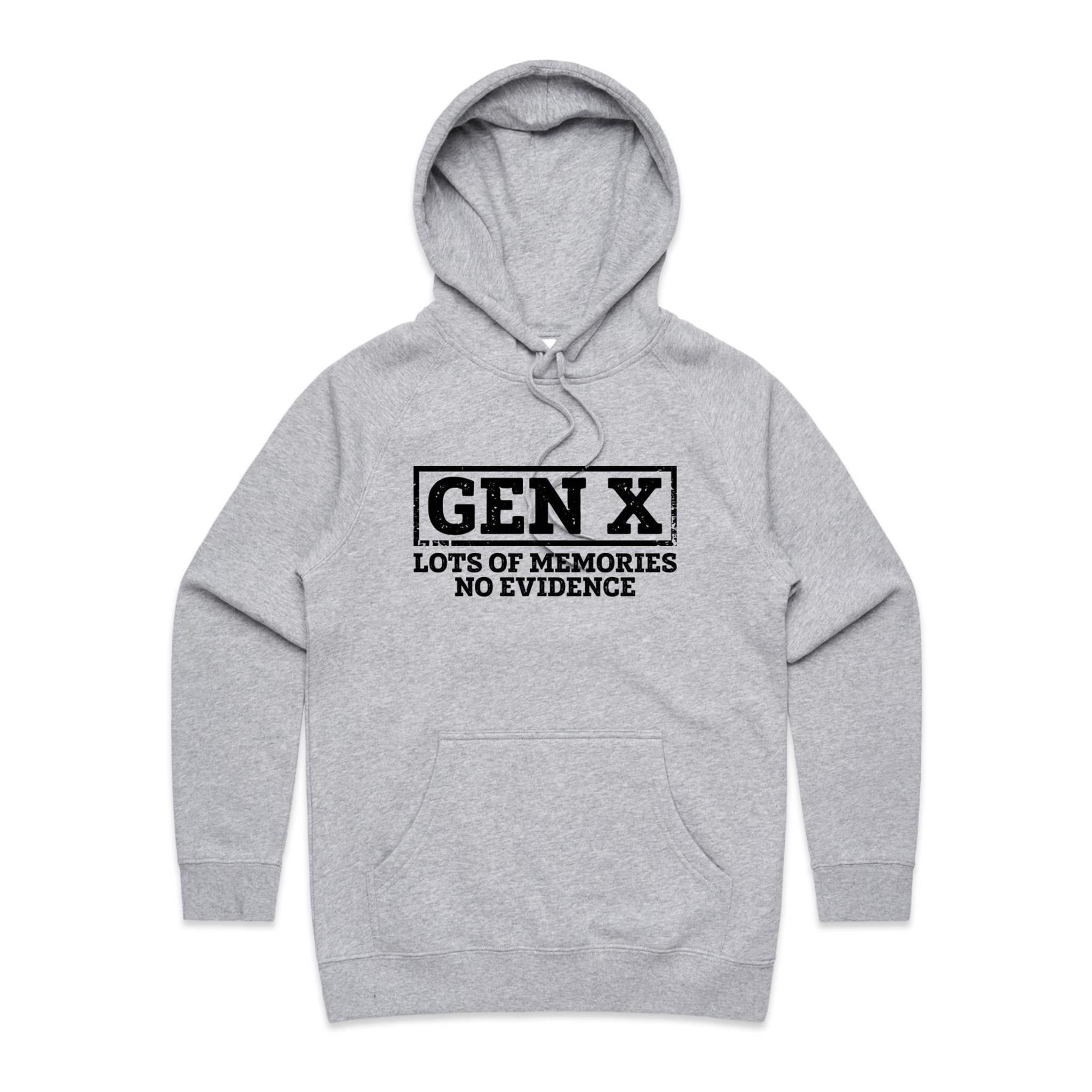 Gen X, Lots Of Memories, No Evidence - Womens Hoodie Grey Marle Womens Hoodie Printed In Australia