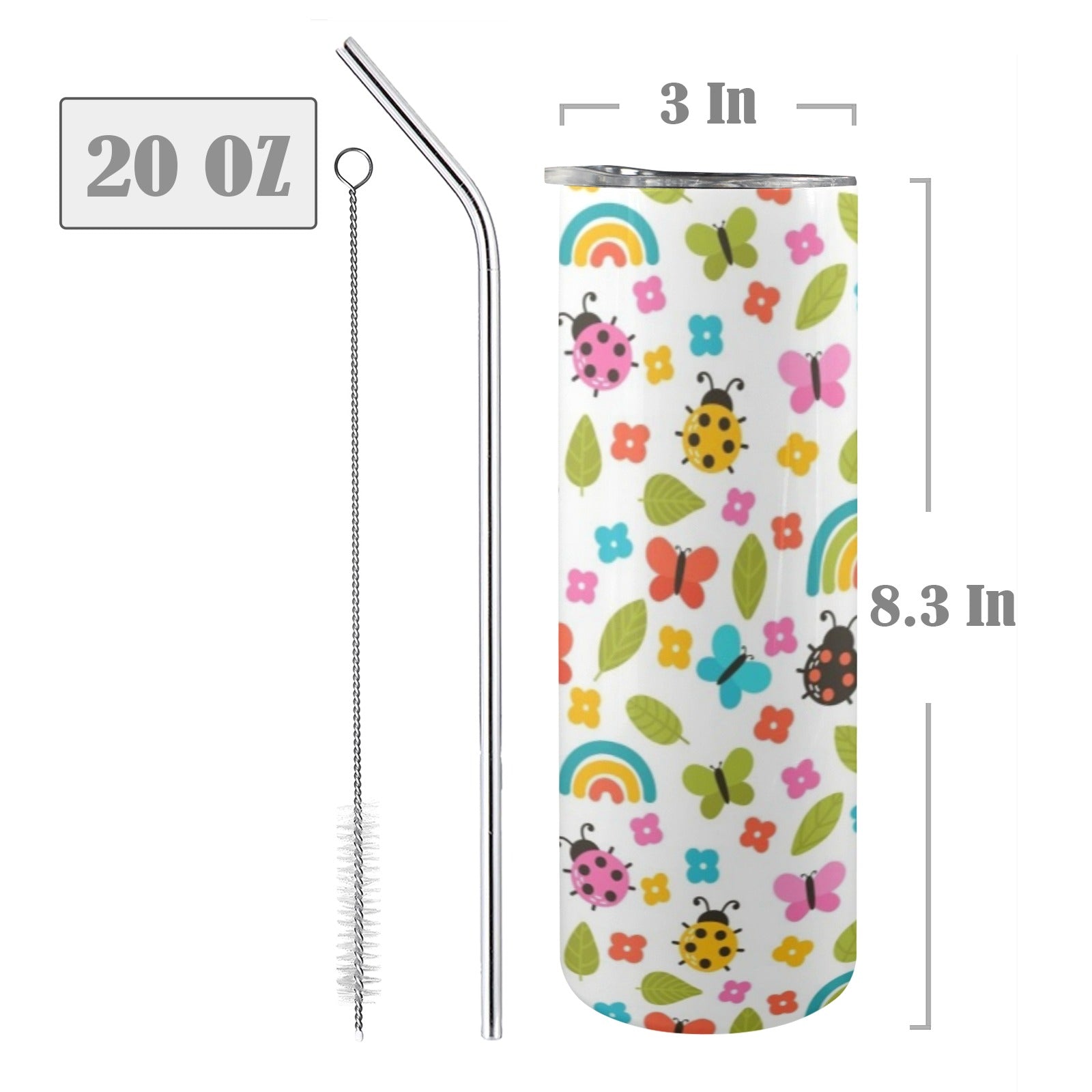 Ladybugs And Rainbows - 20oz Tall Skinny Tumbler with Lid and Straw