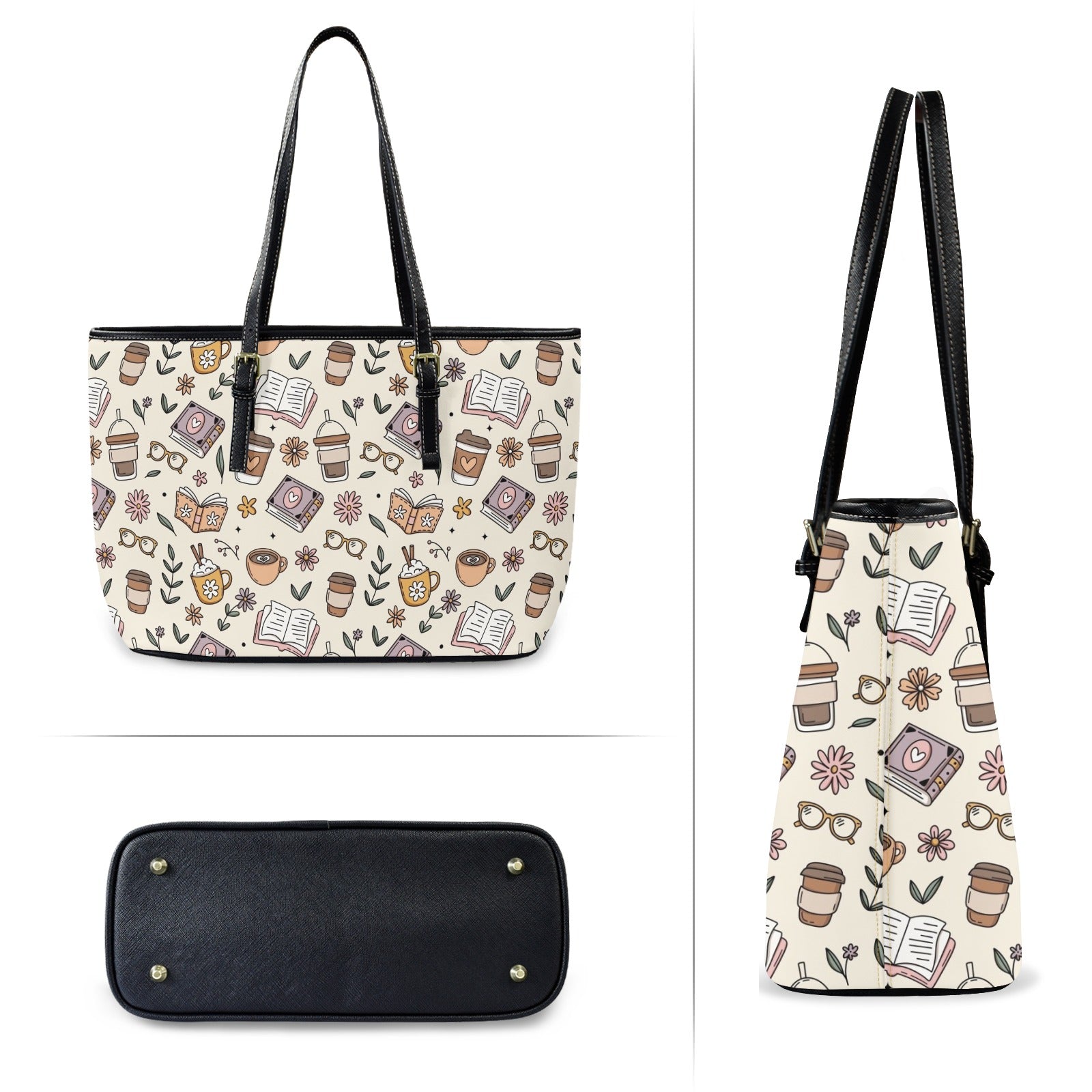 Books And Coffee - Leather Tote Bag-Large