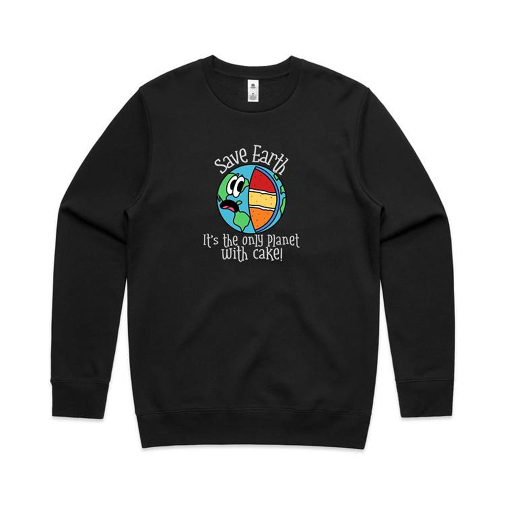 Save Earth, It's The Only Planet With Cake - AS Colour Stencil Crew Black Sweatshirt Environment Food Printed In Australia