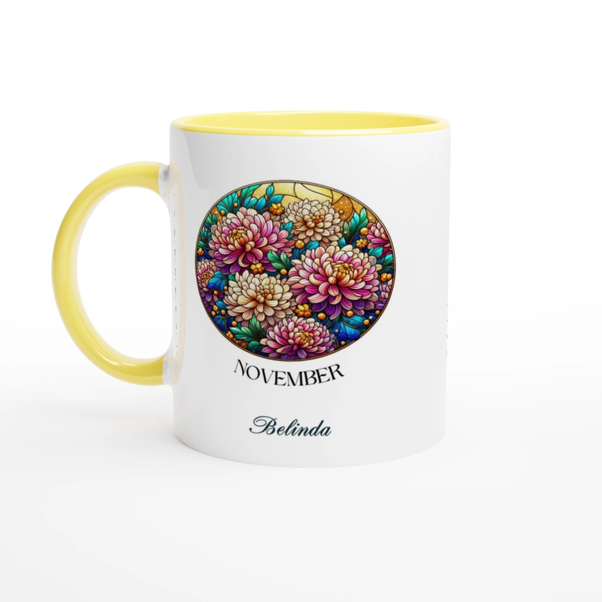 Stained Glass Birth Month Flowers - 11oz Ceramic Mug Ceramic Yellow Personalised 11oz Mug Birthday customise Globally Fulfilled Name personalise Plants