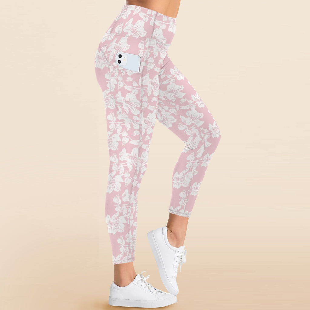 Pink Hawaiian Floral Women's High Waist Pockets Yoga Leggings Women's High Waist Pockets Yoga Leggings Plants Printed Offshore
