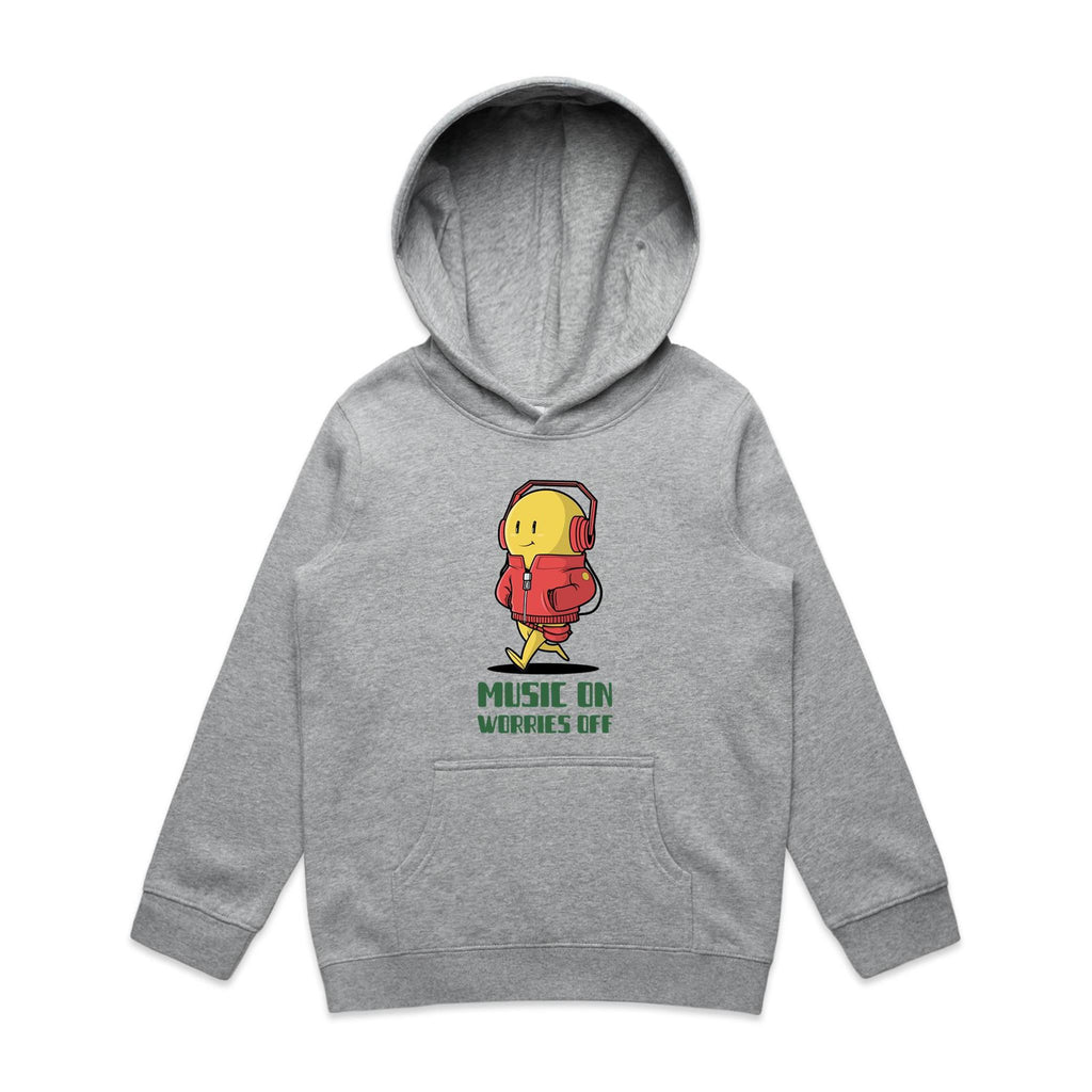 Music On, Worries Off - Kids Hoodie Grey Marle Kids Hoodie Printed In Australia