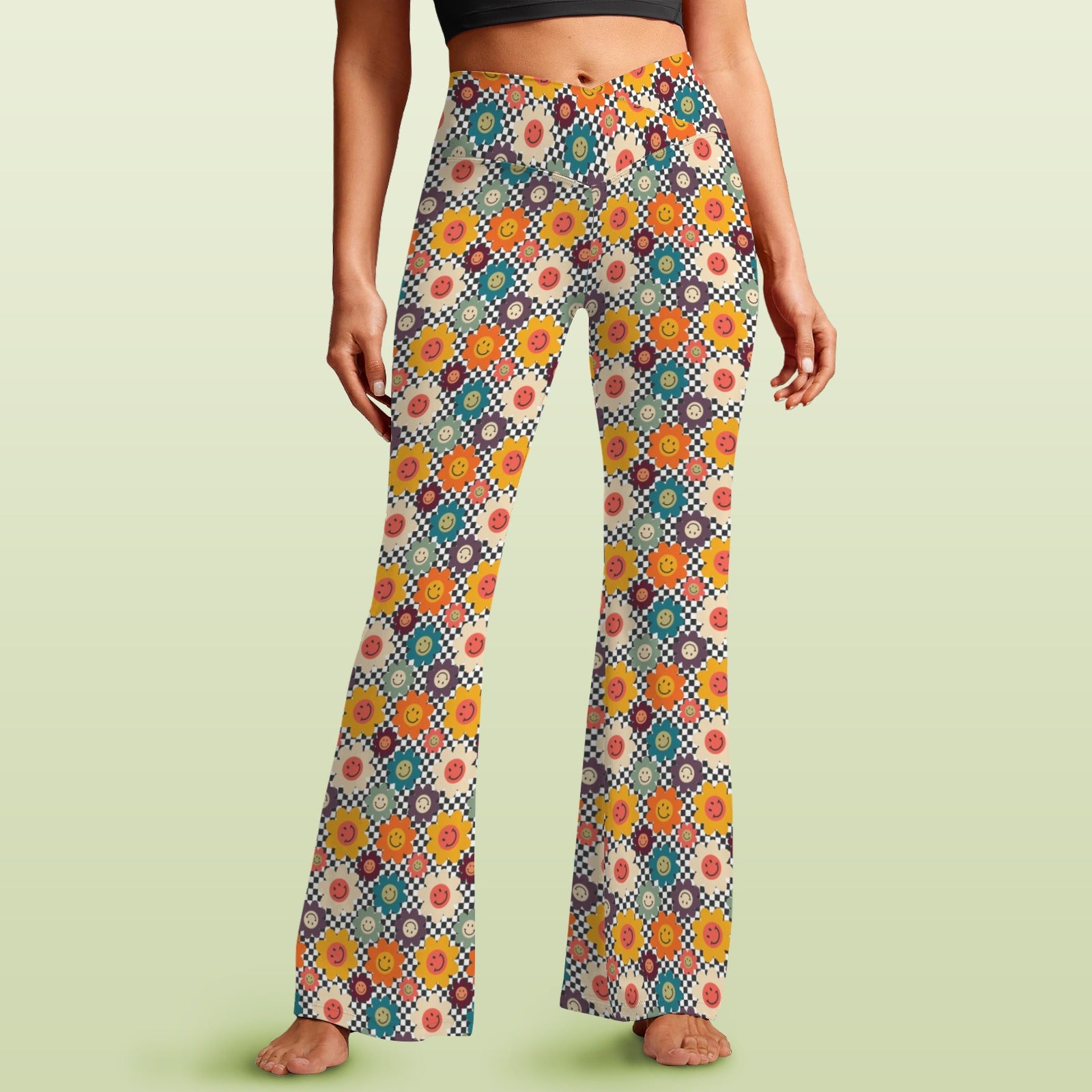 Happy Retro Flowers High Waist Crossover Tummy Control Flare Leggings 5XL High Waist Flare Leggings Printed Offshore Retro