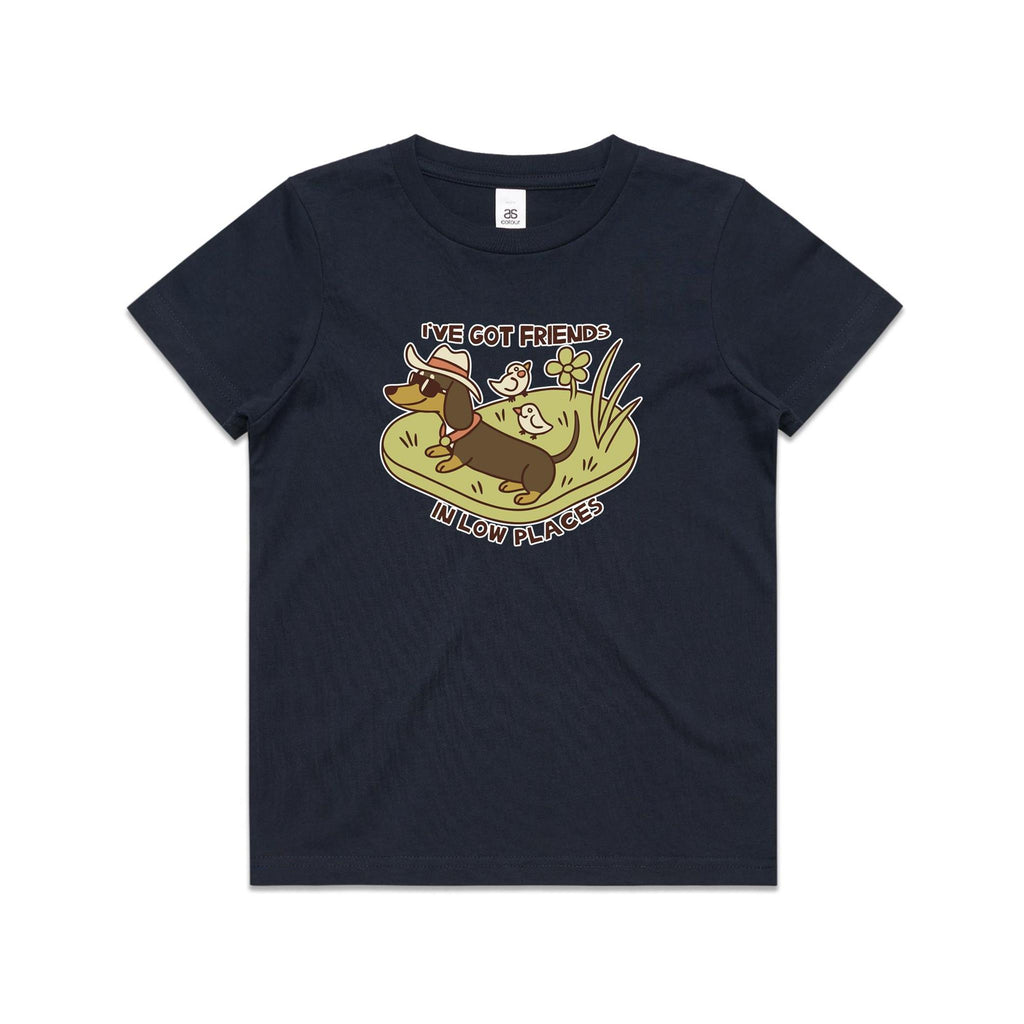 Dachshund, I've Got Friends In Low Places Kid's AS Colour T-shirt Navy Kids Youth T-shirt animal Printed In Australia