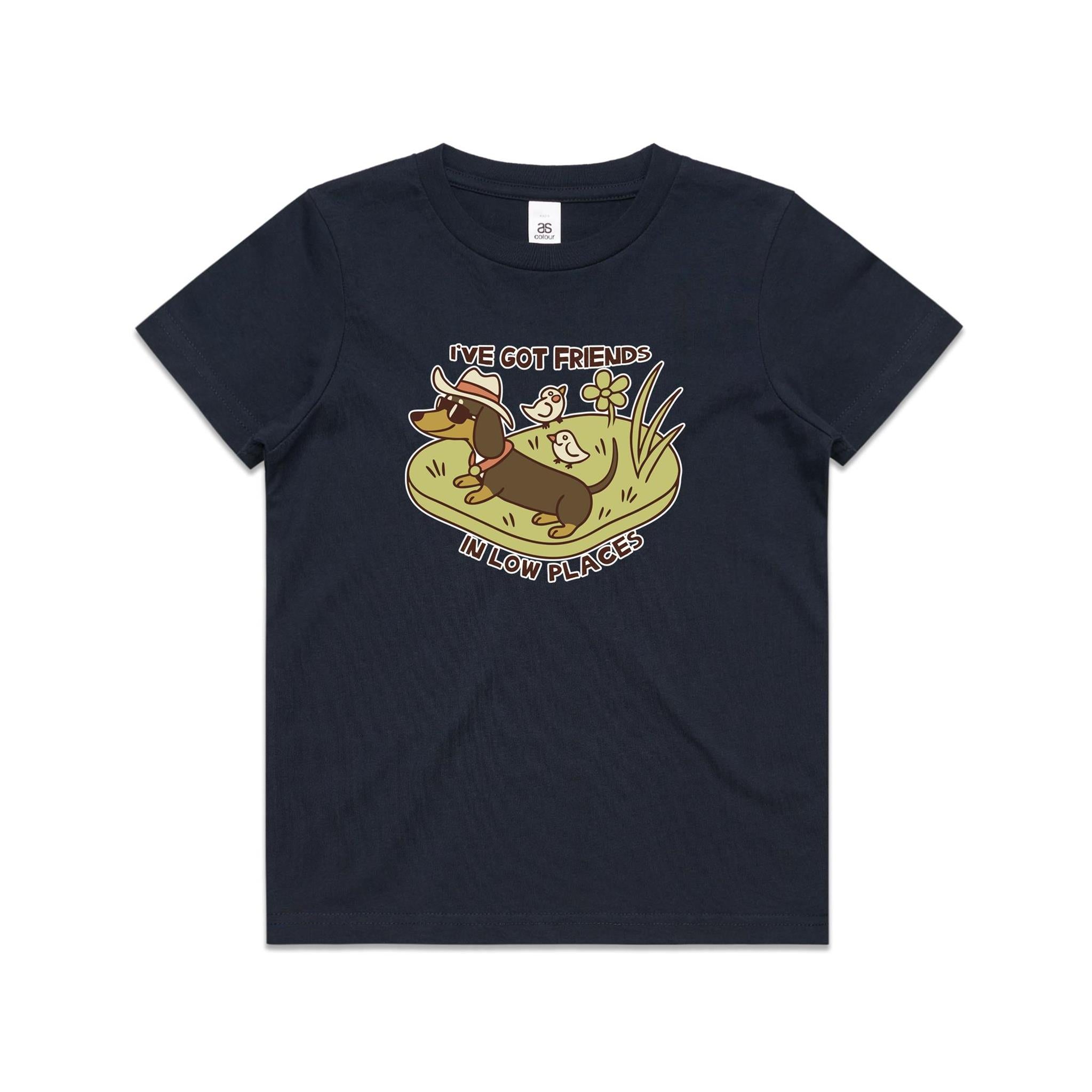 Dachshund, I've Got Friends In Low Places Kid's AS Colour T-shirt Navy Kids Youth T-shirt animal Printed In Australia
