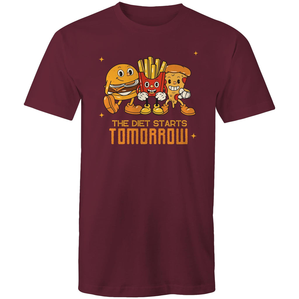 The Diet Starts Tomorrow, Hamburger And Fries - Mens T-Shirt Burgundy Mens T-shirt Food Printed In Australia