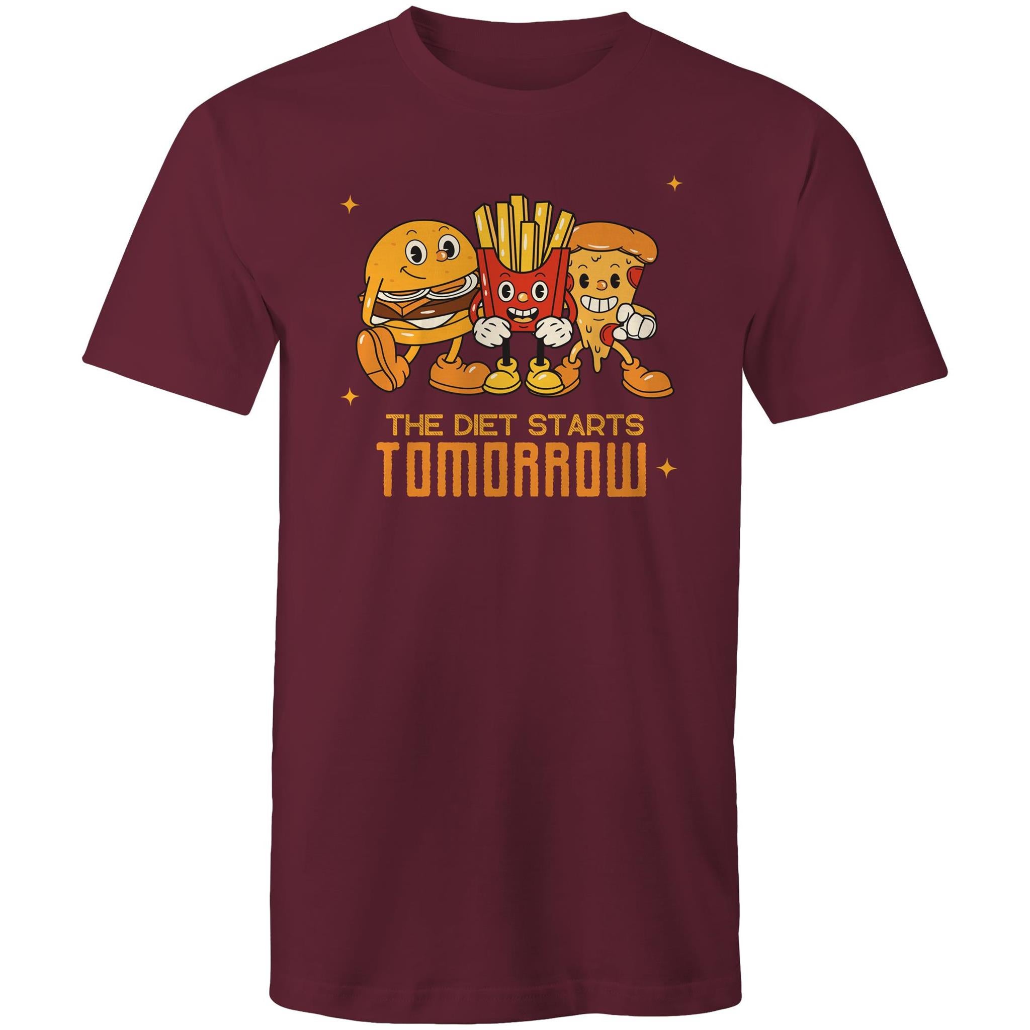 The Diet Starts Tomorrow, Hamburger And Fries - Mens T-Shirt Burgundy Mens T-shirt Food Printed In Australia