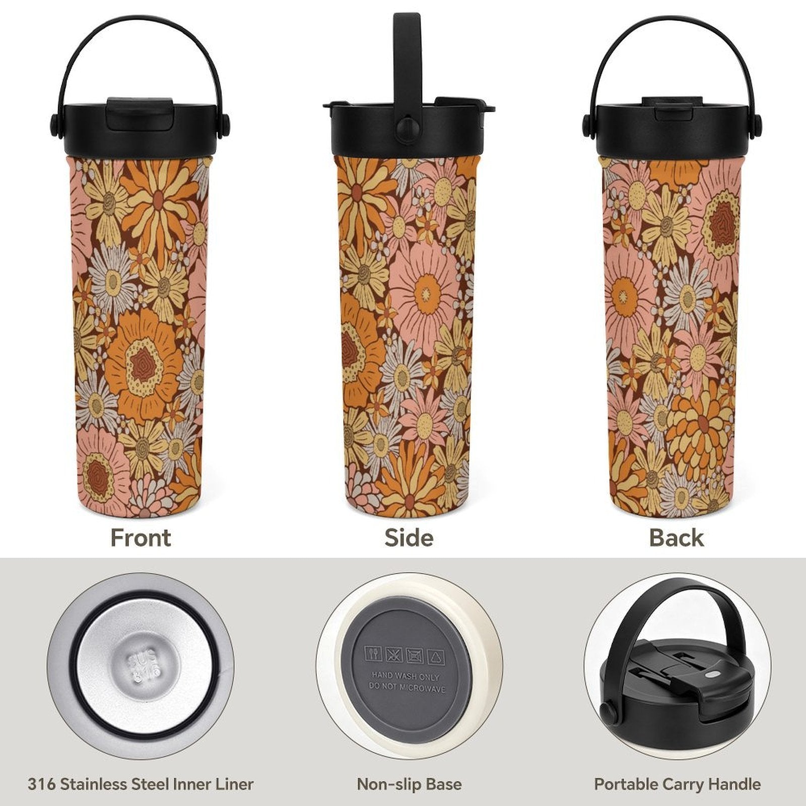 Retro Orange Flowers 20oz Tea Tumbler with Carry Handle