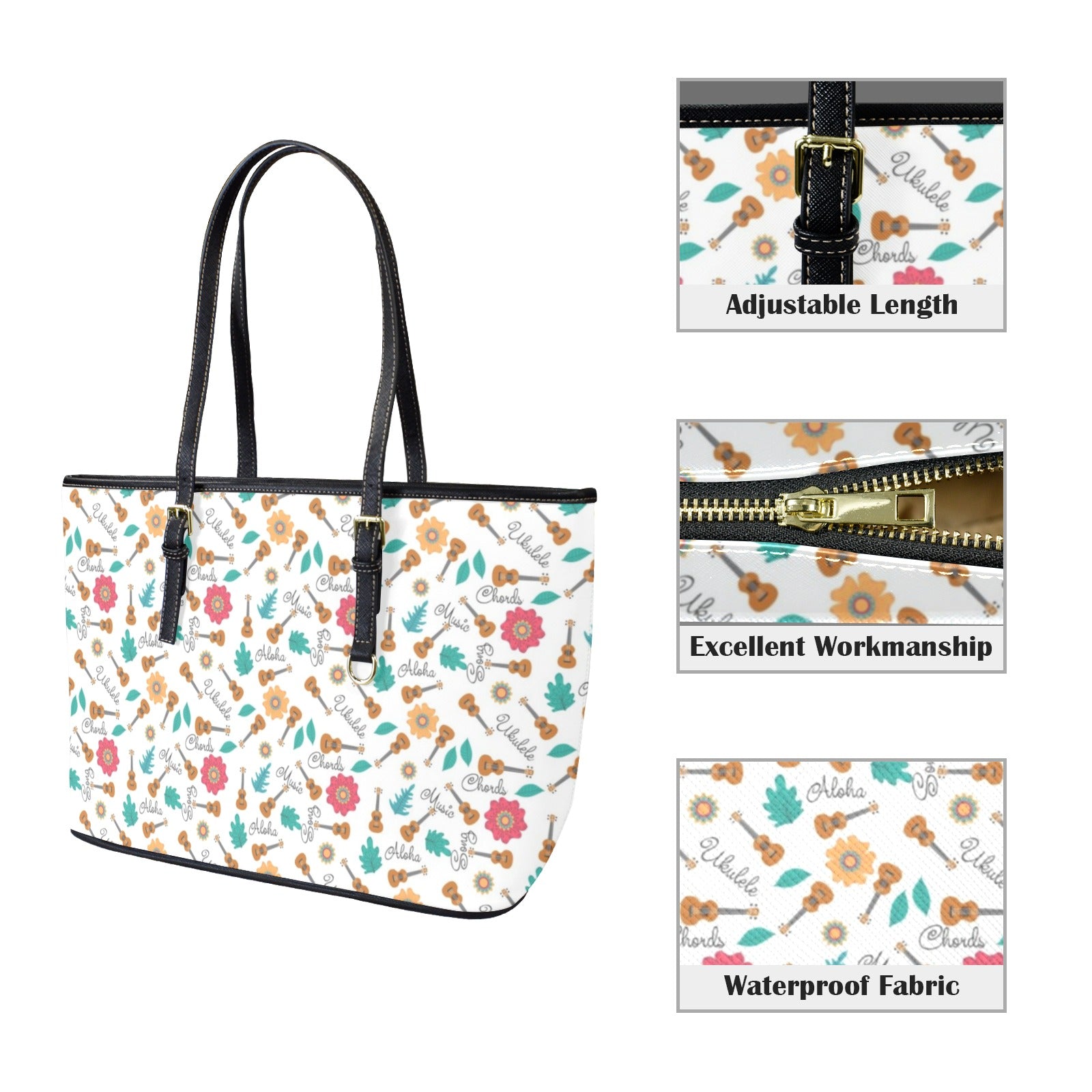 Ukulele PU Leather Tote Bag Large Leather Tote Bag-Large Music Plants Printed Offshore