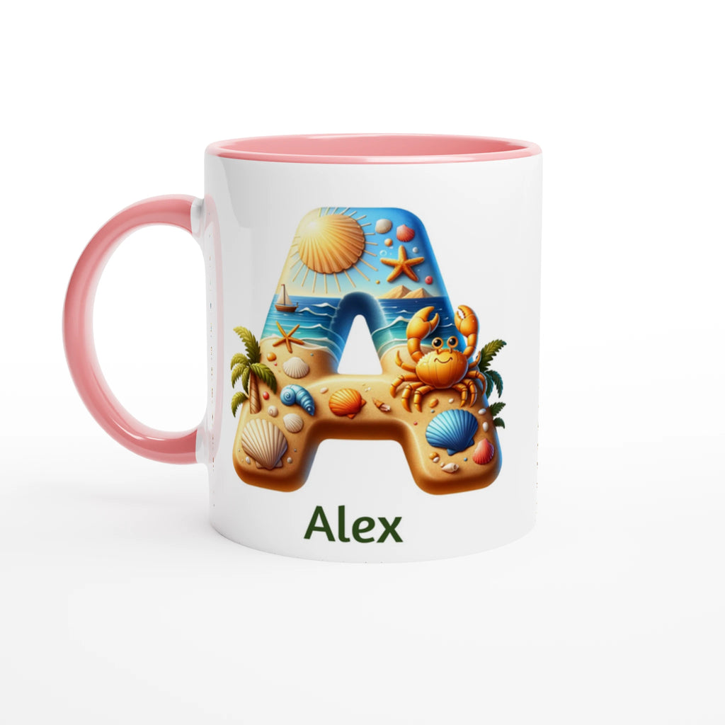 Personalised - Summer Beach Initials - White 11oz Ceramic Mug with Colour Inside Ceramic Pink Personalised 11oz Mug Customise Globally Fulfilled Personalise