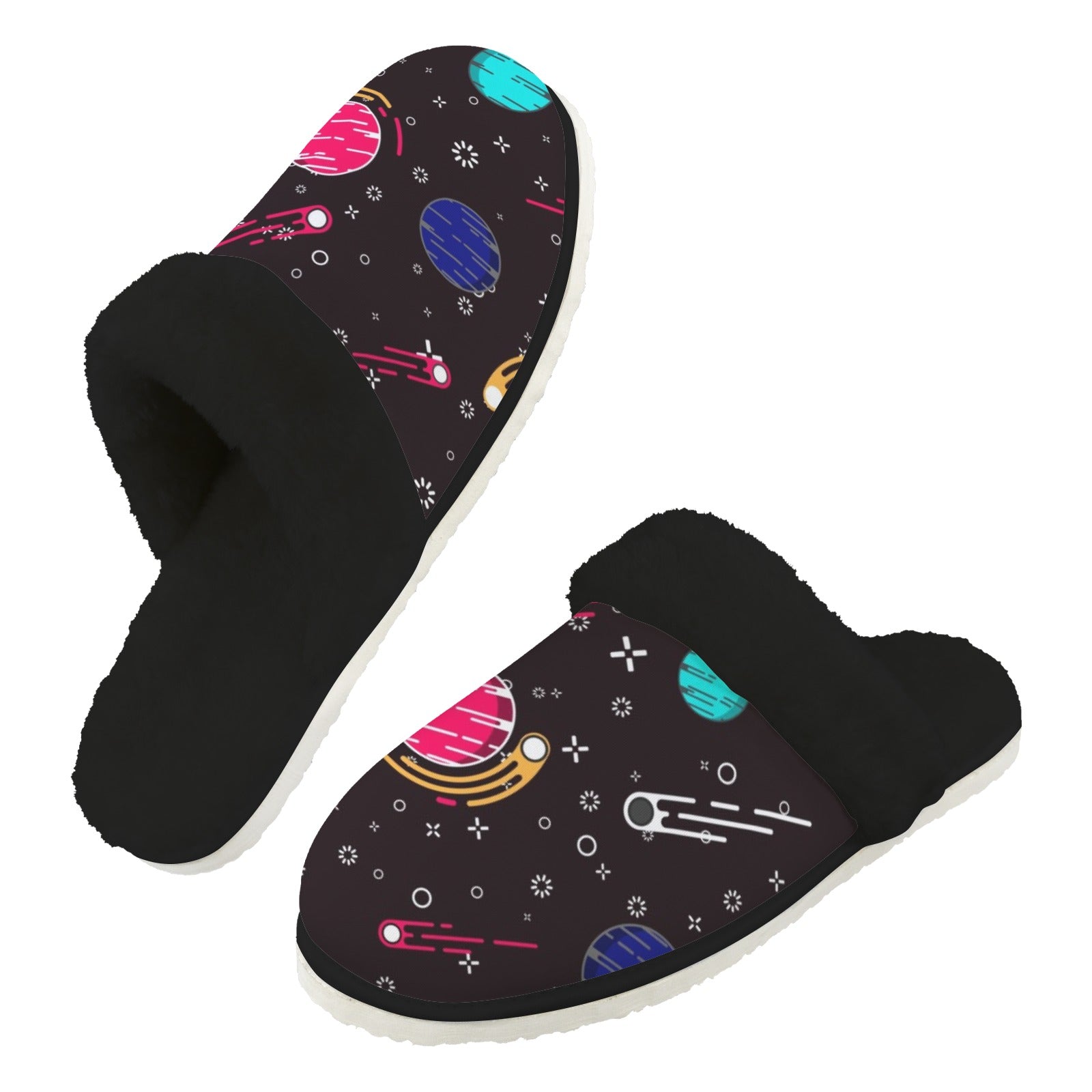 Planet Orbit Men's Fur Trim Thick-Sole Indoor Slippers 2XL Men's Fur Trimmed Slippers Printed Offshore Space