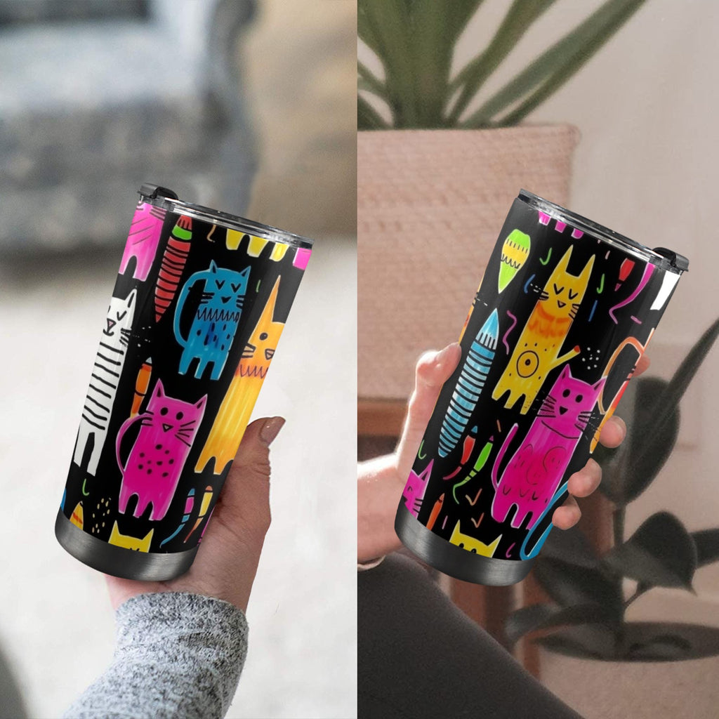 Colourful Cats - 20oz Mobile Tumbler with Lid (Black Lock) 20oz Travel Mug animal Printed Offshore