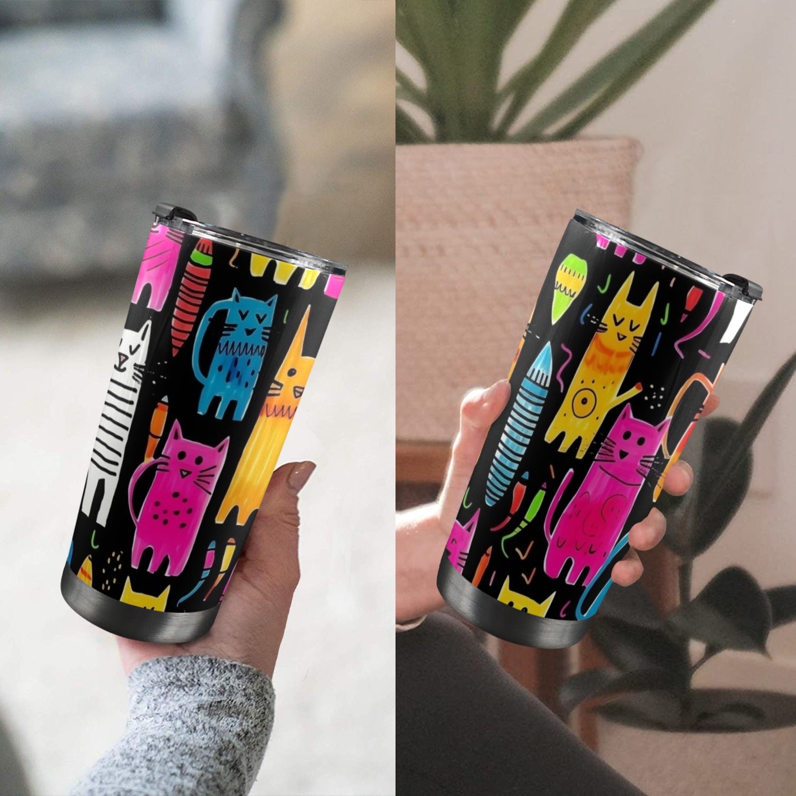 Colourful Cats - 20oz Mobile Tumbler with Lid (Black Lock) 20oz Travel Mug animal Printed Offshore