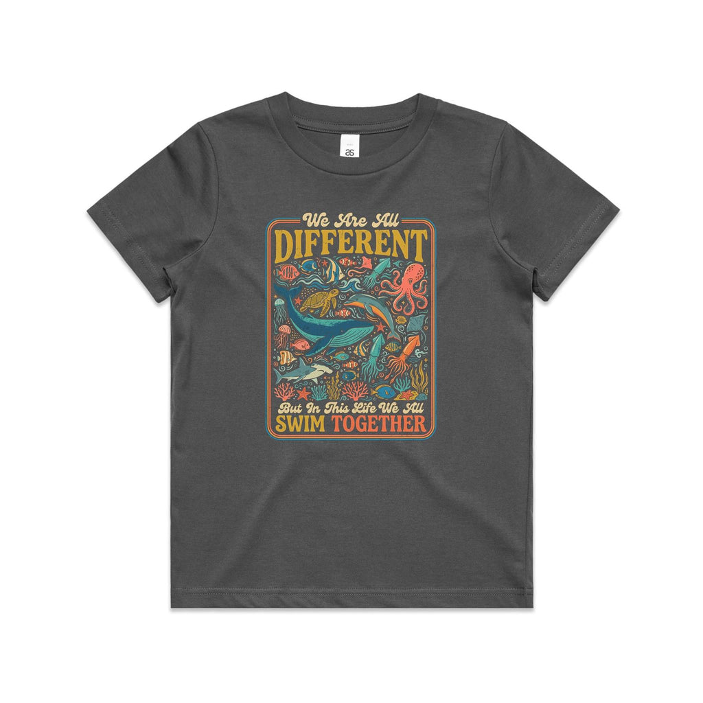 We Are All Different, But We All Swim Together Kids AS Colour T-shirt Charcoal Kids Youth T-shirt animal Ocean Positivity Printed In Australia