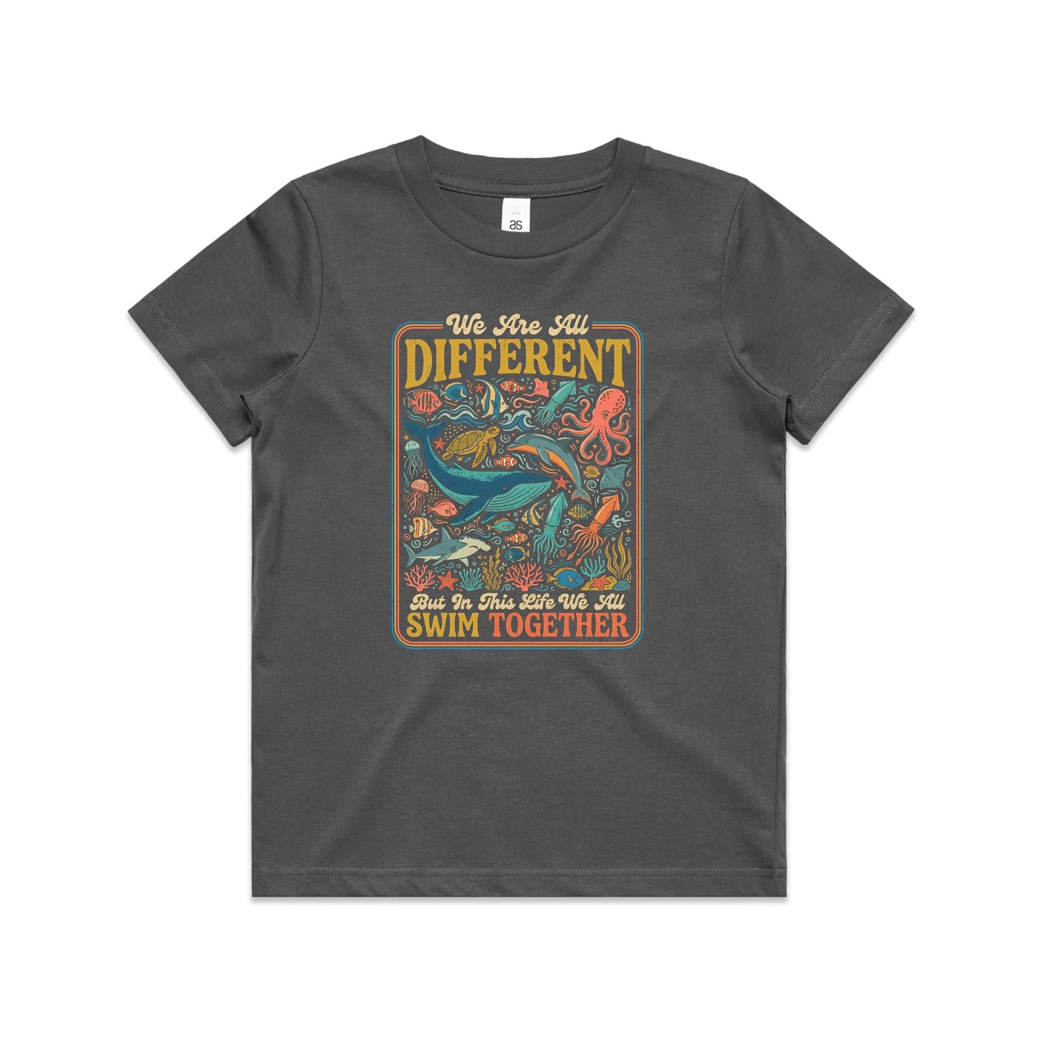 We Are All Different, But We All Swim Together - Kids AS Colour T-shirt Charcoal Kids Youth T-shirt animal Ocean Positivity Printed In Australia
