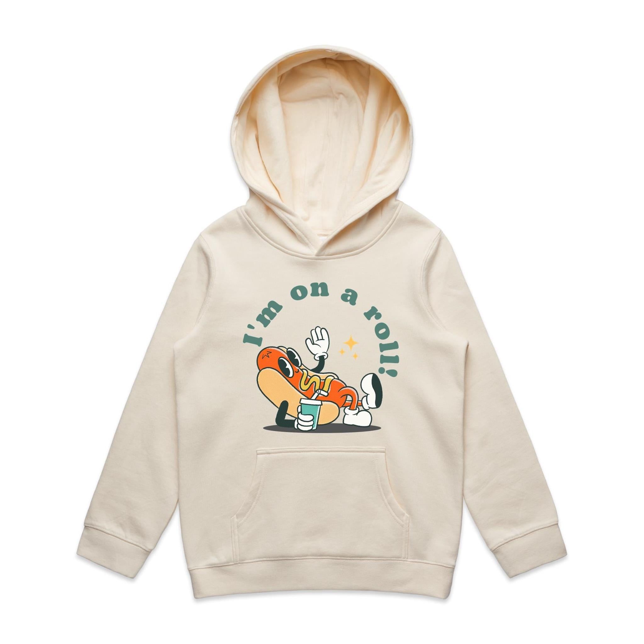 Hotdog, I'm On A Roll - Kids Hoodie Ecru Kids Hoodie Printed In Australia