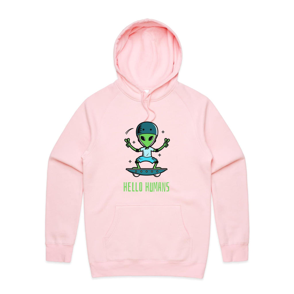 Hello Humans, Alien Skate - Mens Hoodie Pink Mens Hoodie Printed In Australia Sci Fi