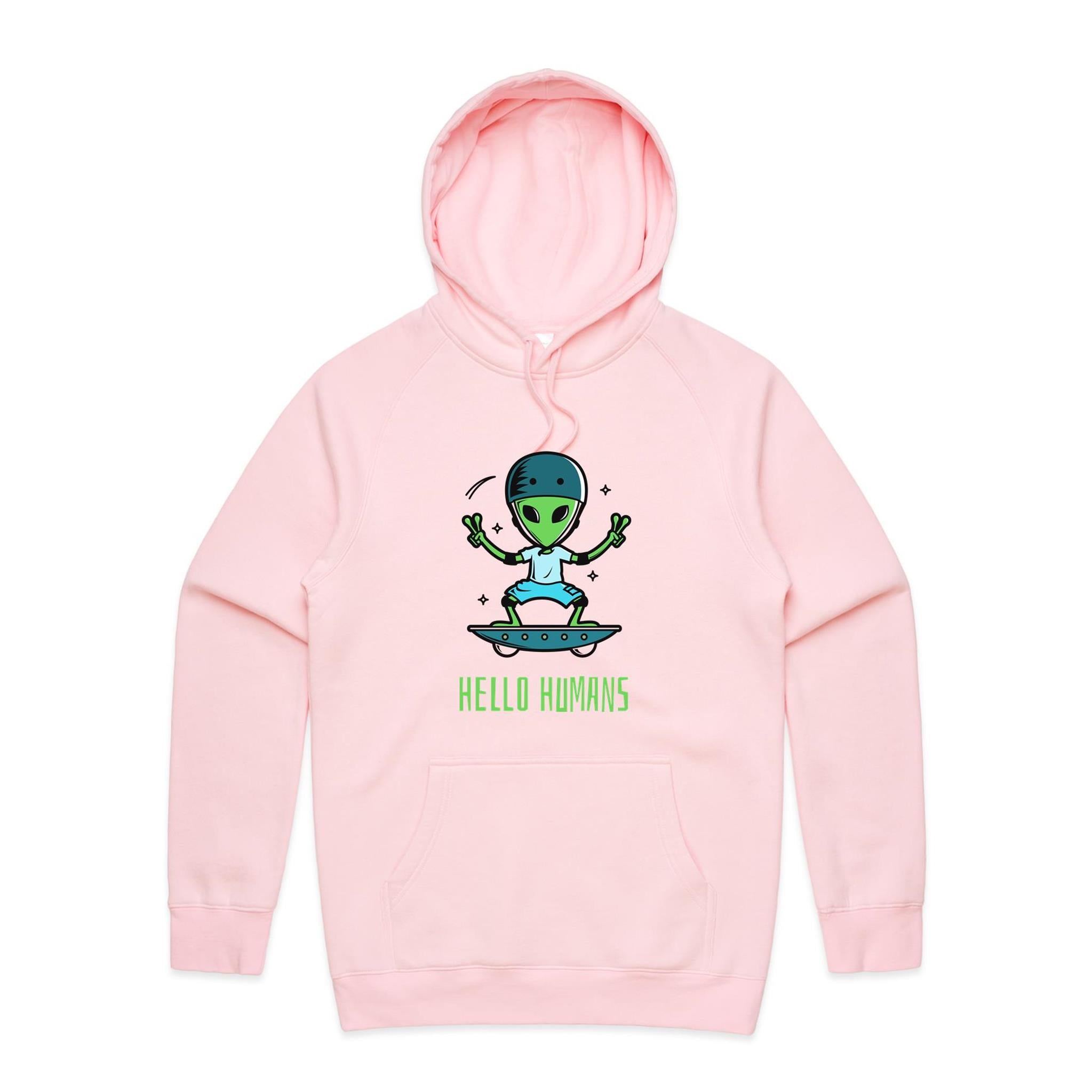 Hello Humans, Alien Skate - Mens Hoodie Pink Mens Hoodie Printed In Australia Sci Fi