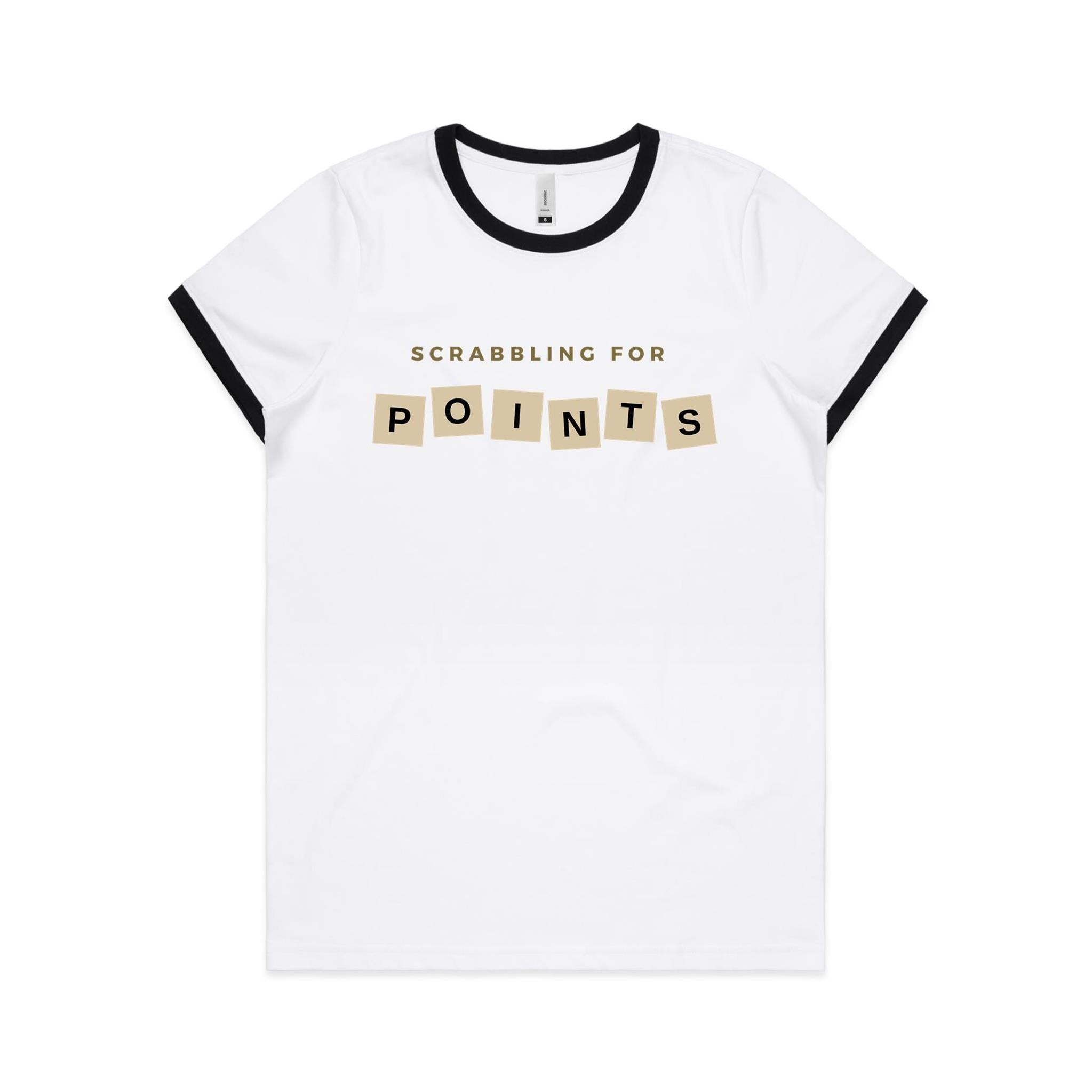Scrabbling For Points - Women's Ringer Tee White Black Womens Ringer T-shirt Games Printed In Australia